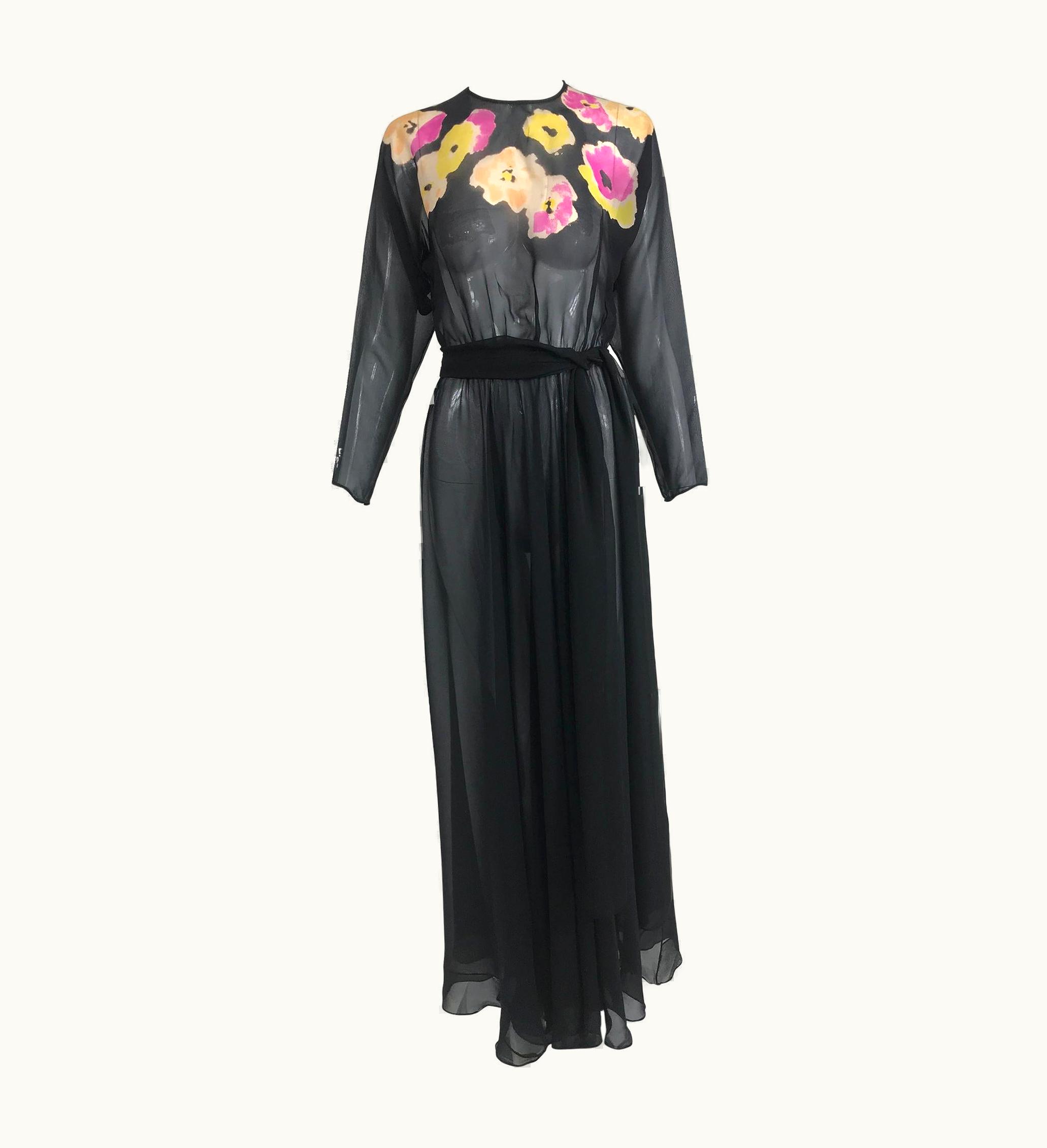 Maison Margiela Vintage 1930s Floral Print Bias Cut Black Chiffon Maxi Dress