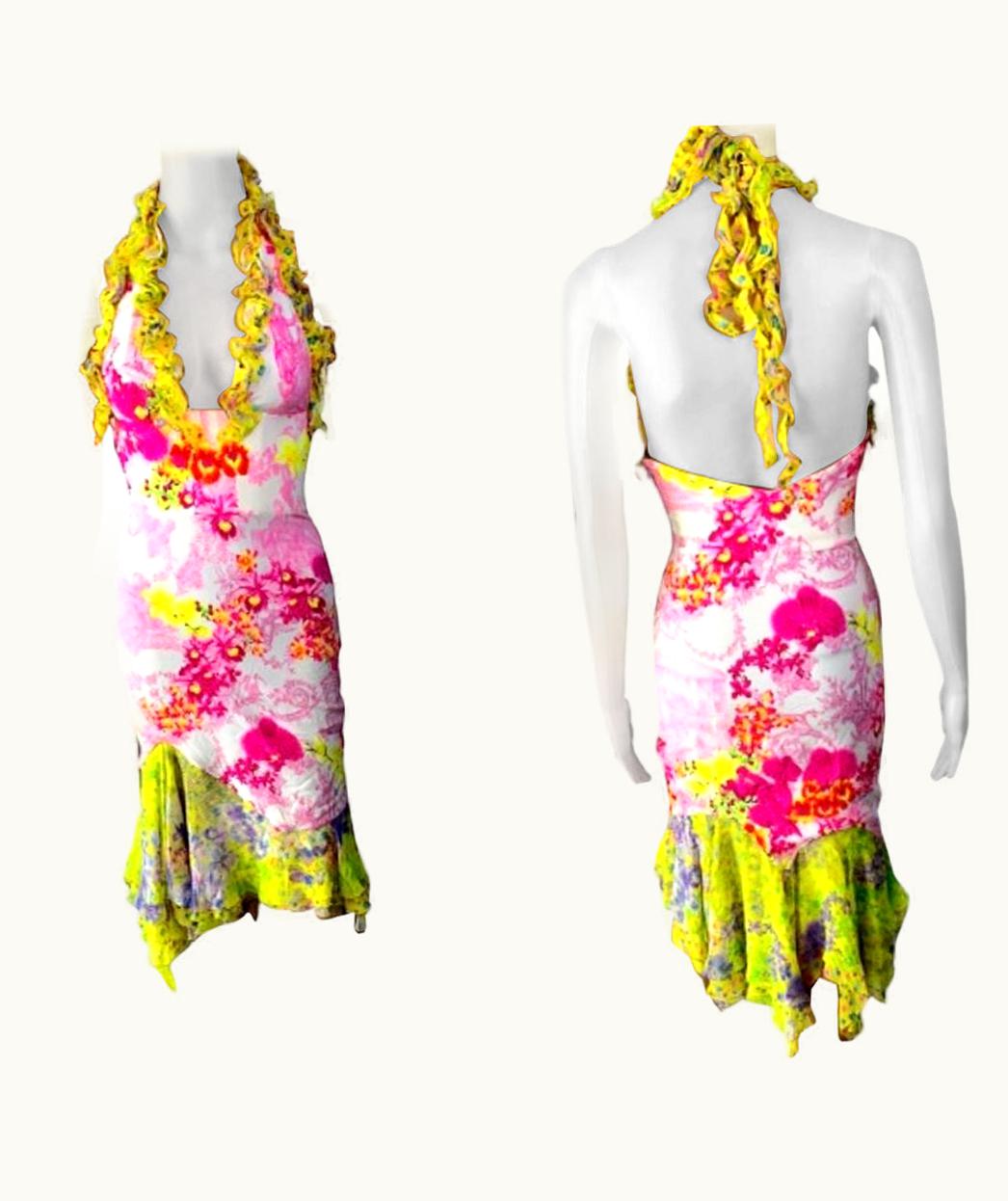 Versace Versace S/S 2004 Runway Floral Print Ruffle Plunging Neckline Low Back Dress UZ0613267