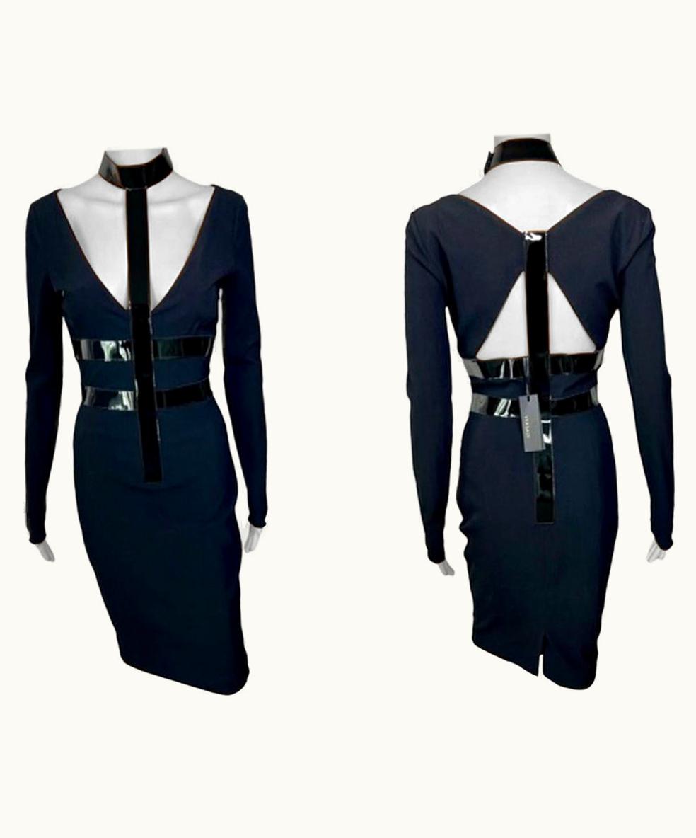 Versace Versace AW 2013 Bondage Vinyl Collar Plunged Cutout Black Dress UZ0613292