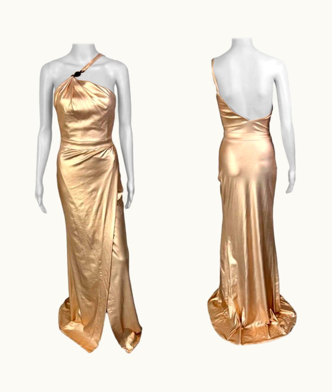 Versace Versace C.2013 Wet Liquid Look Bodycon Metallic Rose Gold Evening Dress Gown UZ0613322