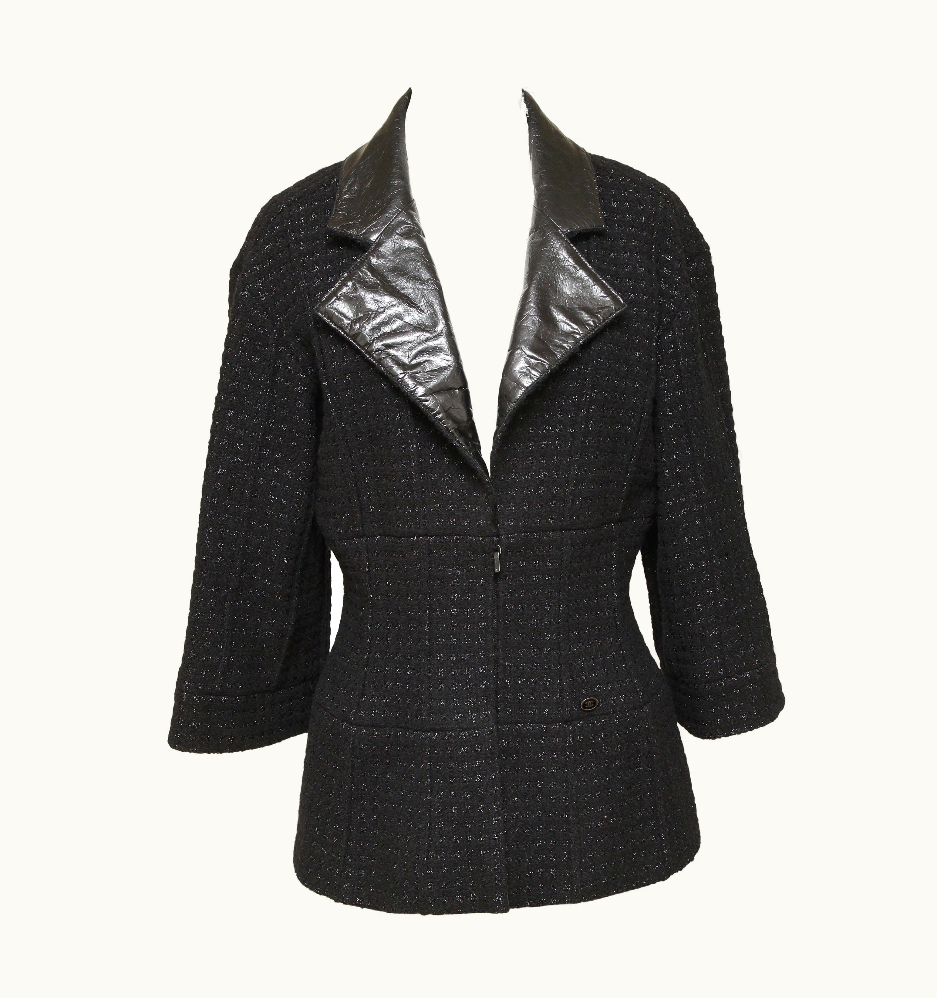 Chanel Chanel Jacket Blazer Coat Tweed Black MetaIlic Leather Silver Chain UZ0613369