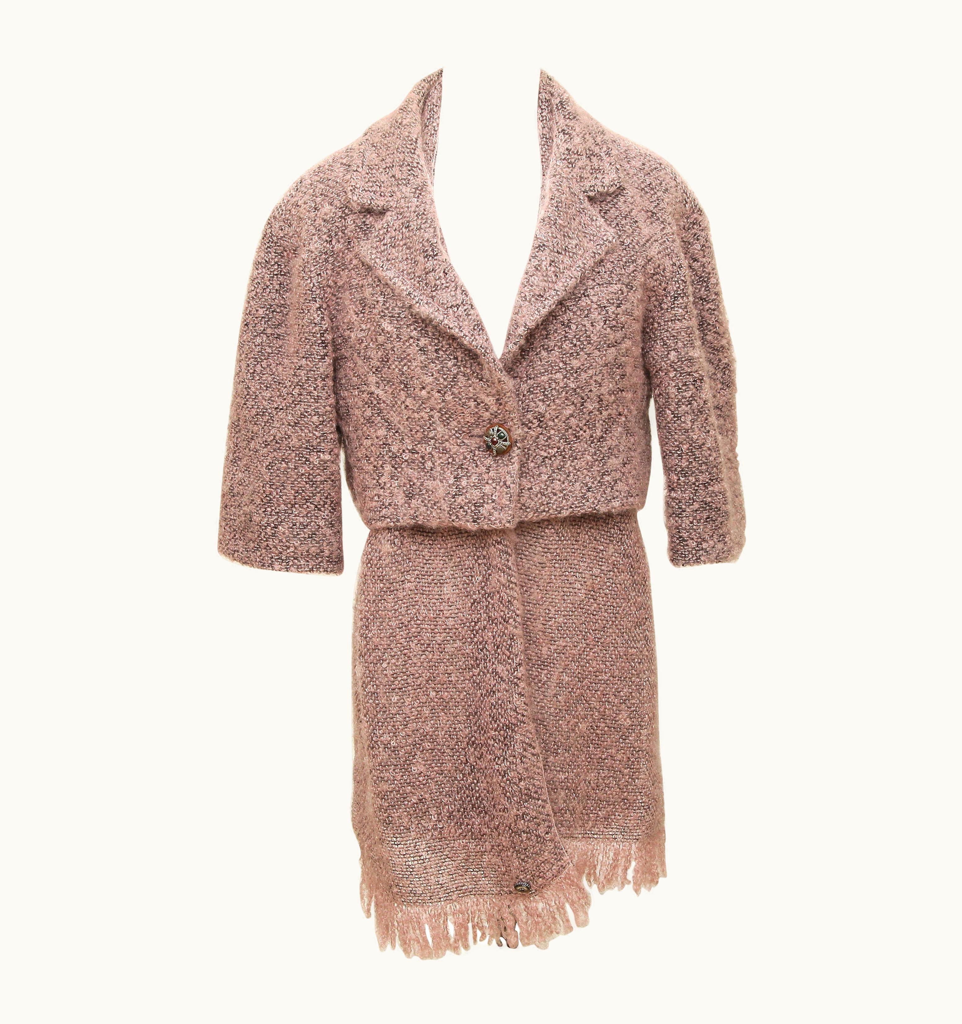 Chanel Chanel Jacket Blazer Cropped 2pc Scarf Pink Black Mohair 3/4 Sleeve 40 2014 14b UZ0613376