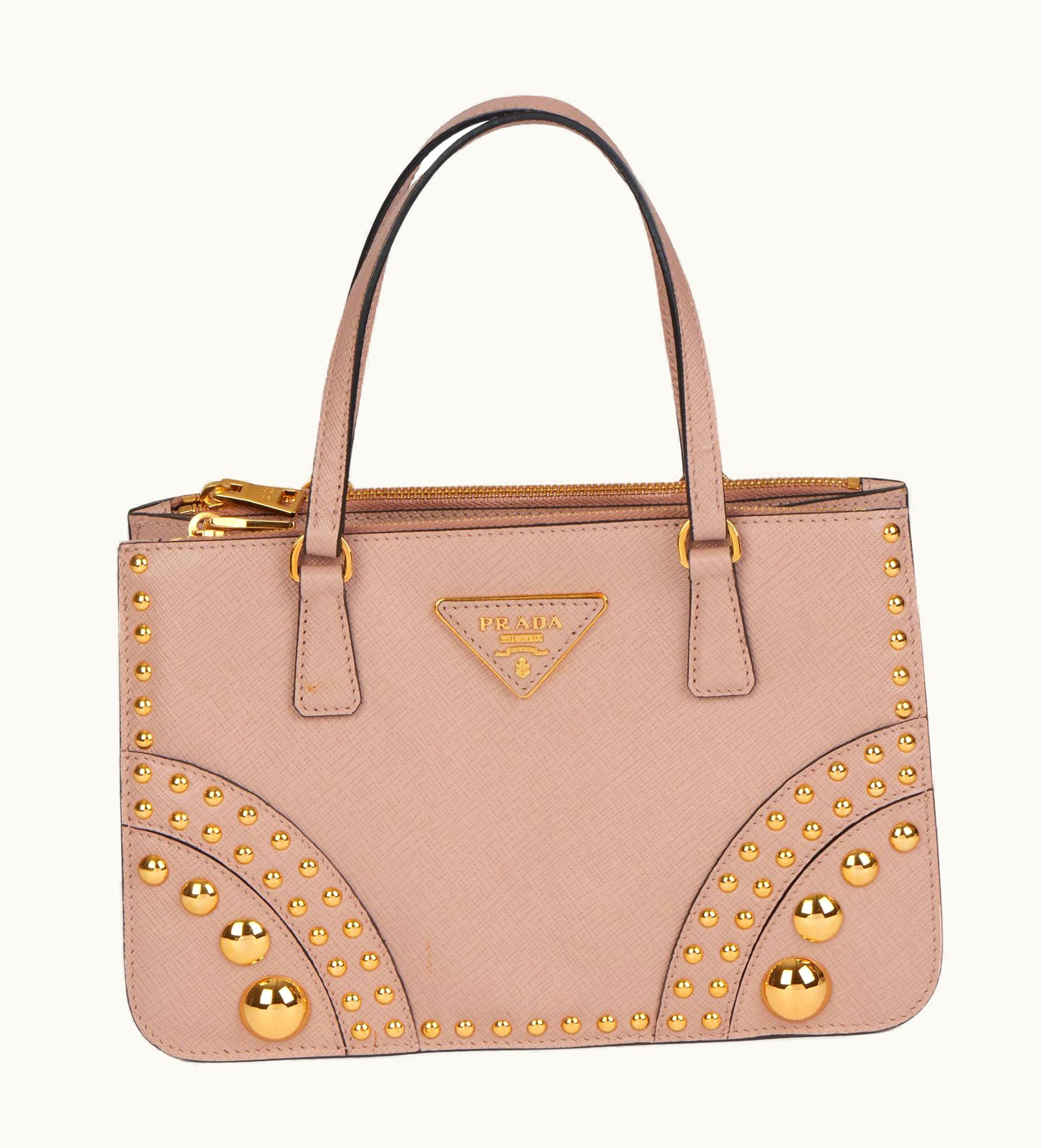 Prada Prada Beige Studded Saffiano Leather Double Zip Tote