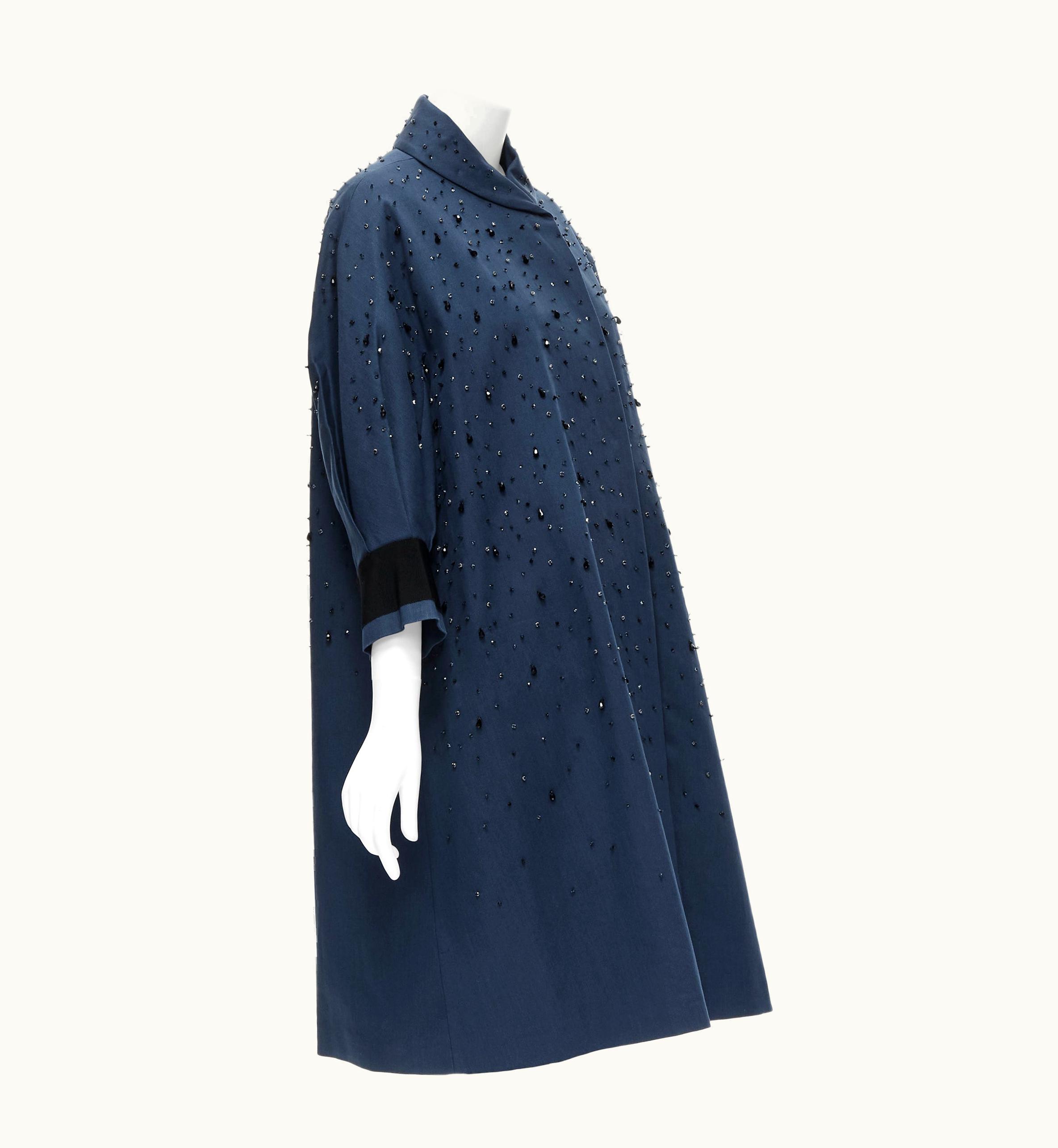 Prada Runway Prada 2015 Blue Cotton Crystal Rhinestone Embellished Cocoon Coat