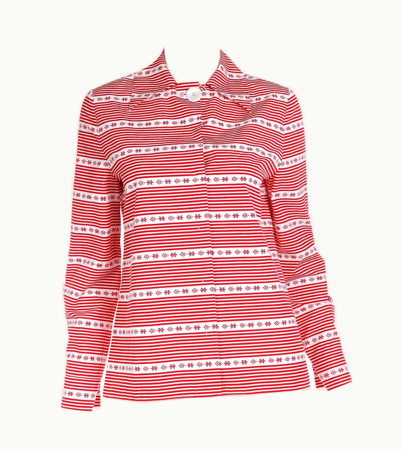 Miu Miu Miu Miu Red & White Cotton Print Long Sleeve 2015 Runway Shirt Blouse