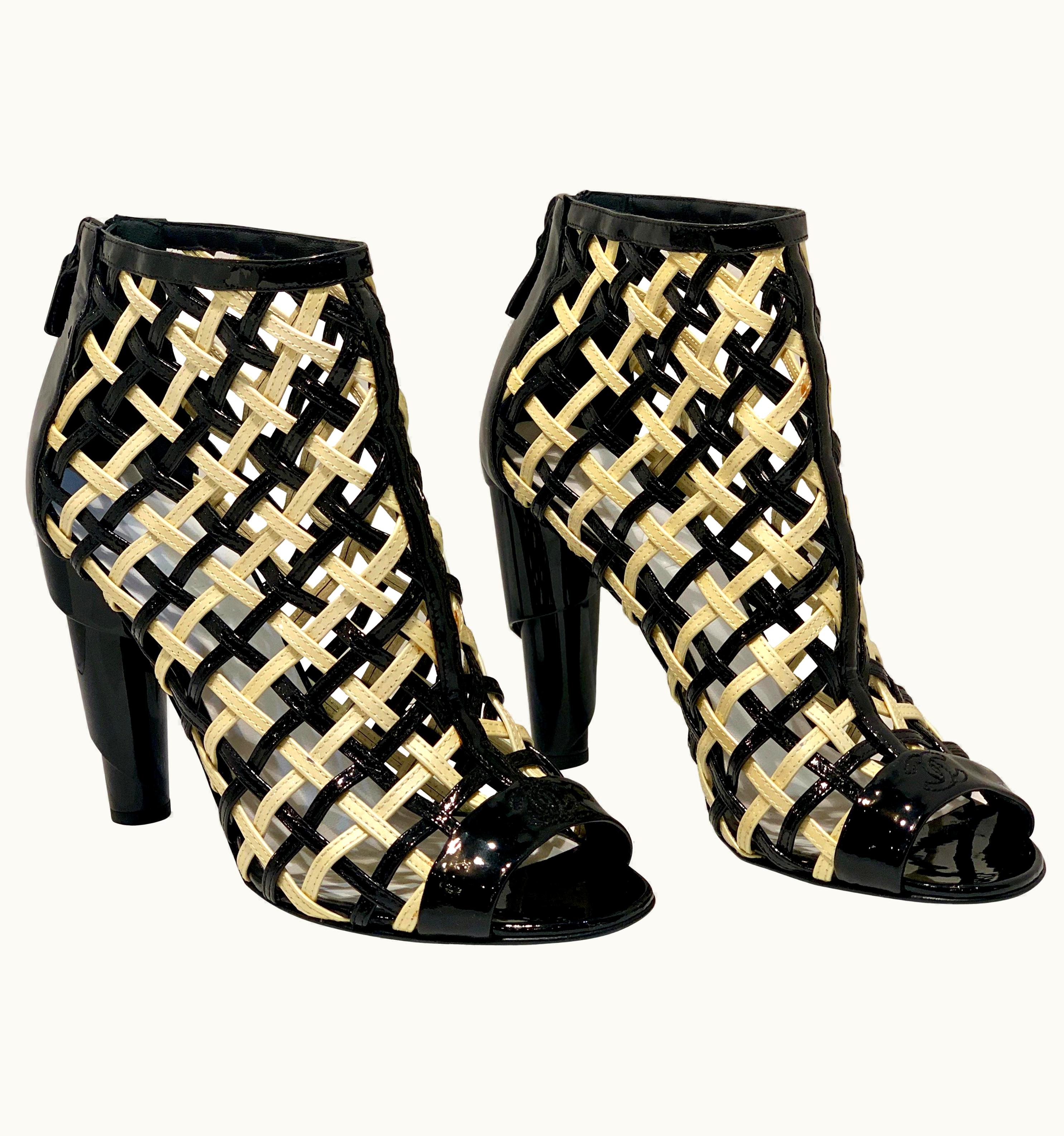 Chanel Chanel Black And White Patent Leather Cage Peep Toe Booties Shoes Or UZ0613446