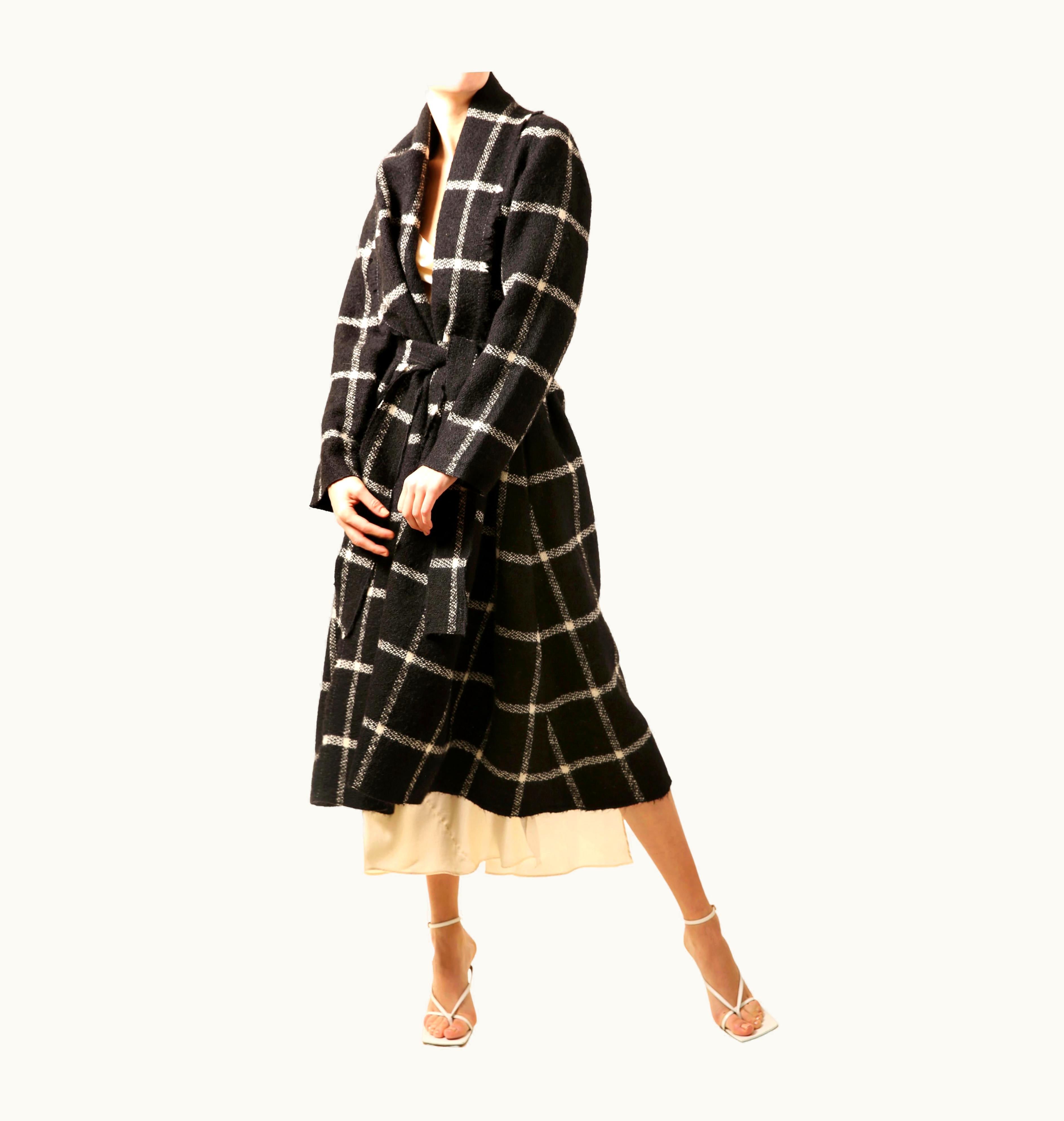 Lanvin Lanvin Black White Oversized Shawl Collar Check Wool Alpaca Long Midi Dress Coat