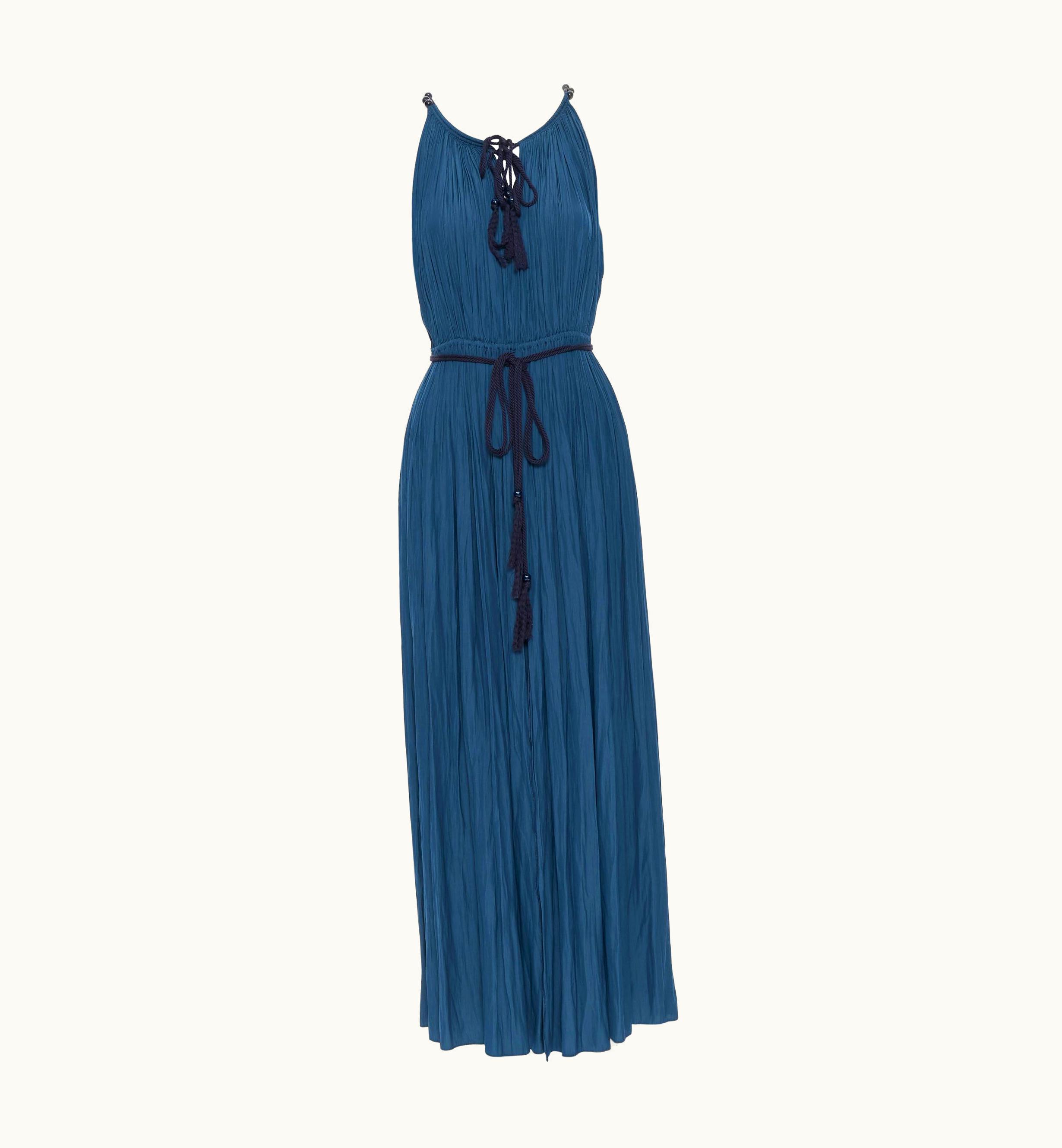 Lanvin Lanvin 2016 Teal Blue Pleated Polyester Beaded Tie String Slit Maxi Dress