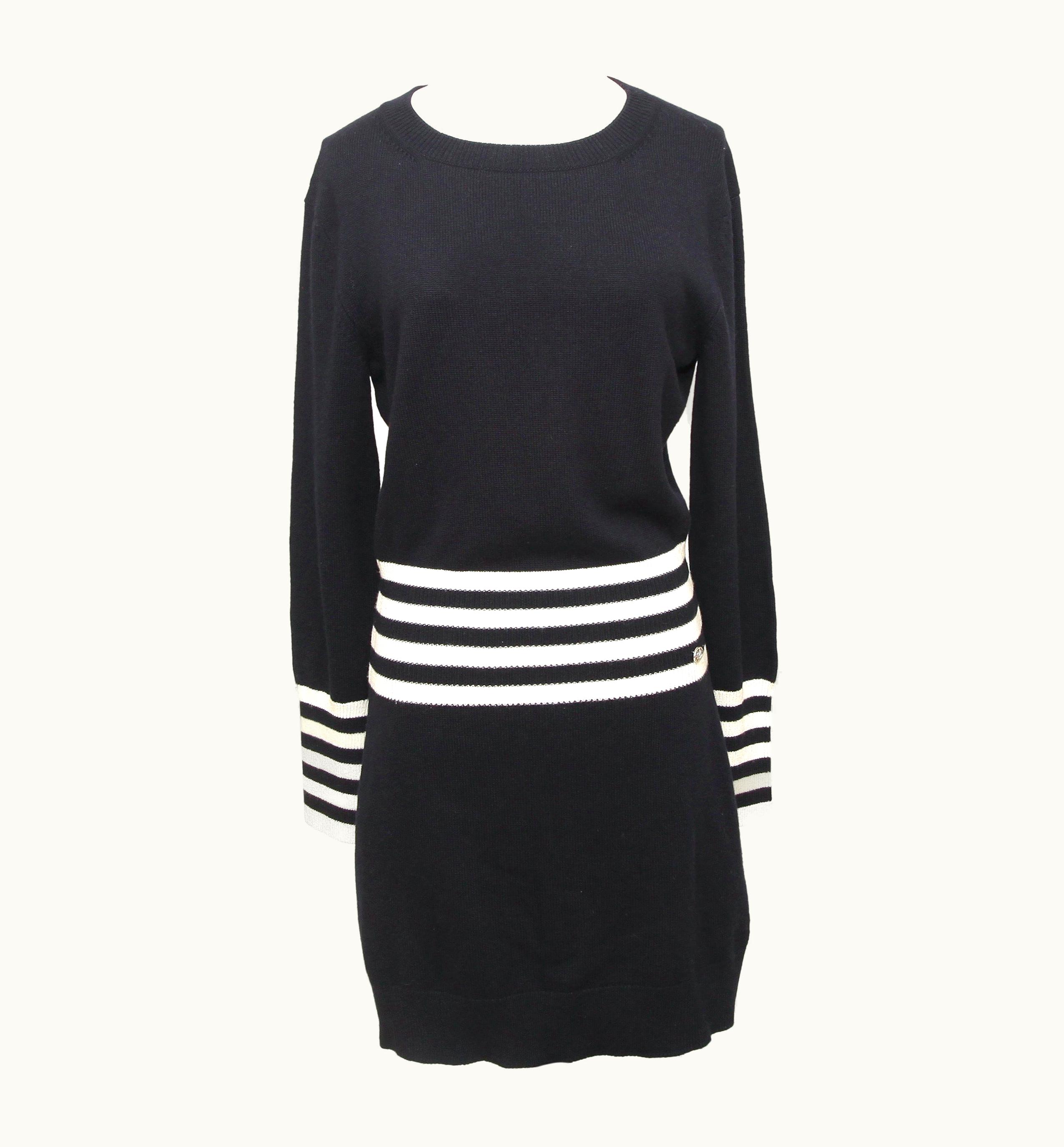 Chanel Chanel Sweater Dress Tunic Knit Navy Striped Long Sleeve Cashmere
