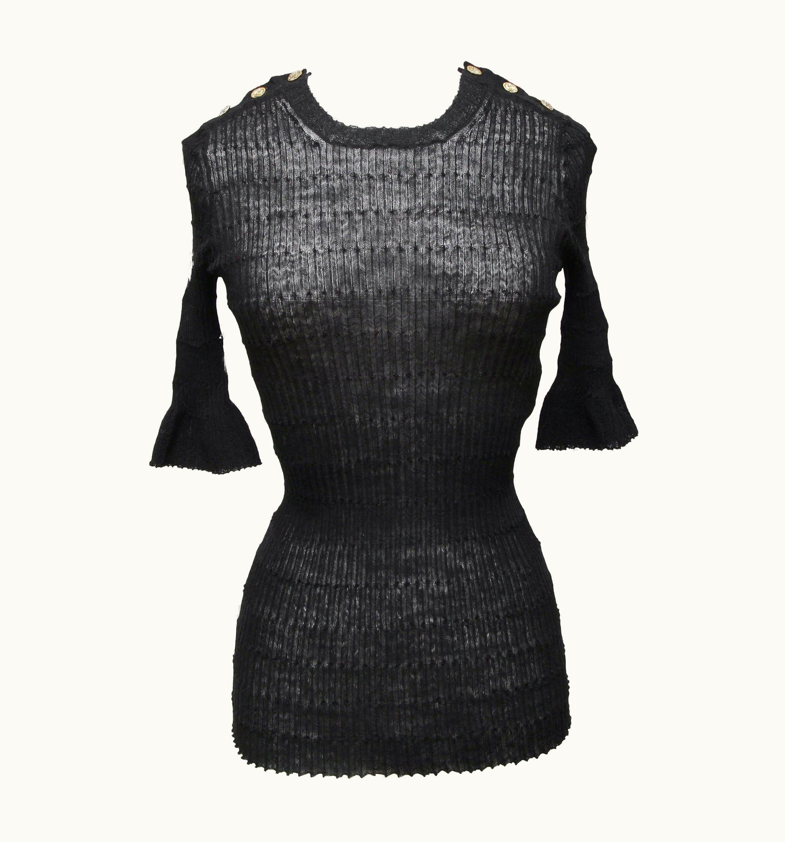 Chanel Chanel Black Sweater Top Knit Short Sleeve Cc Gold-Tone Logo Buttons 2016 UZ0613557