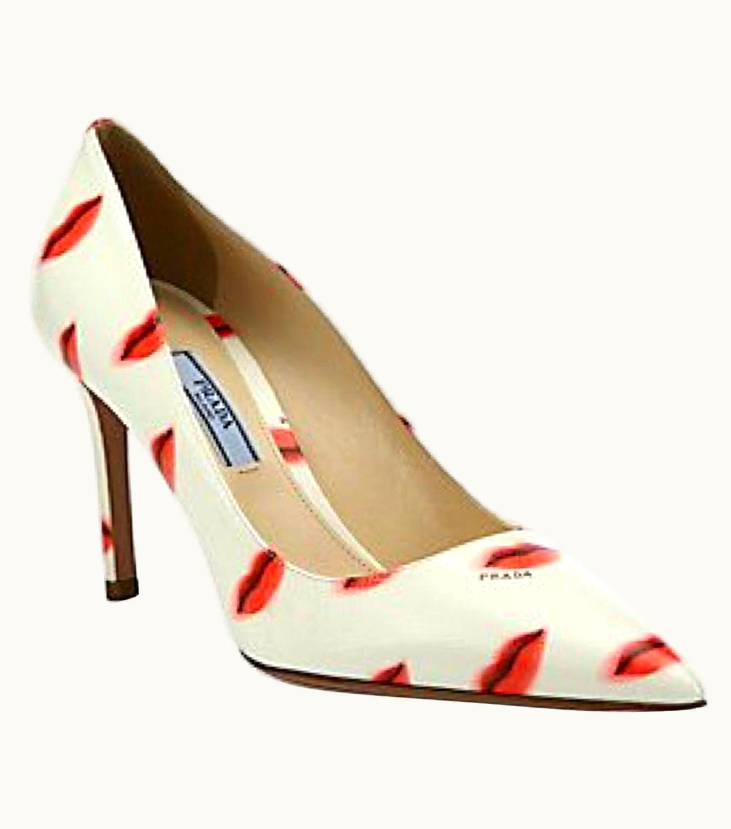Prada Prada Saffiano Leather Red Ivory Lip Point Toe Pumps Heels Shoes UZ0613572