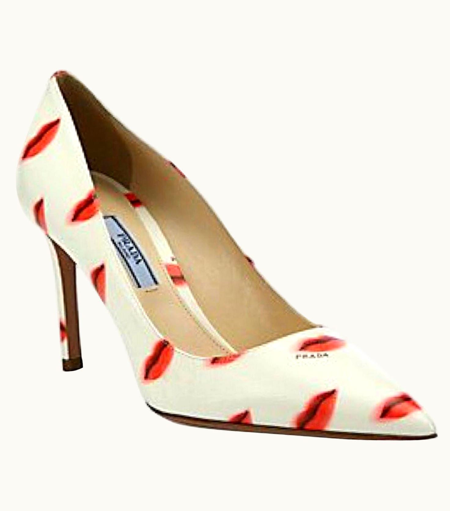 Prada Prada Saffiano Leather Red Ivory Lip Point Toe Pumps Heels Shoes UZ0613586