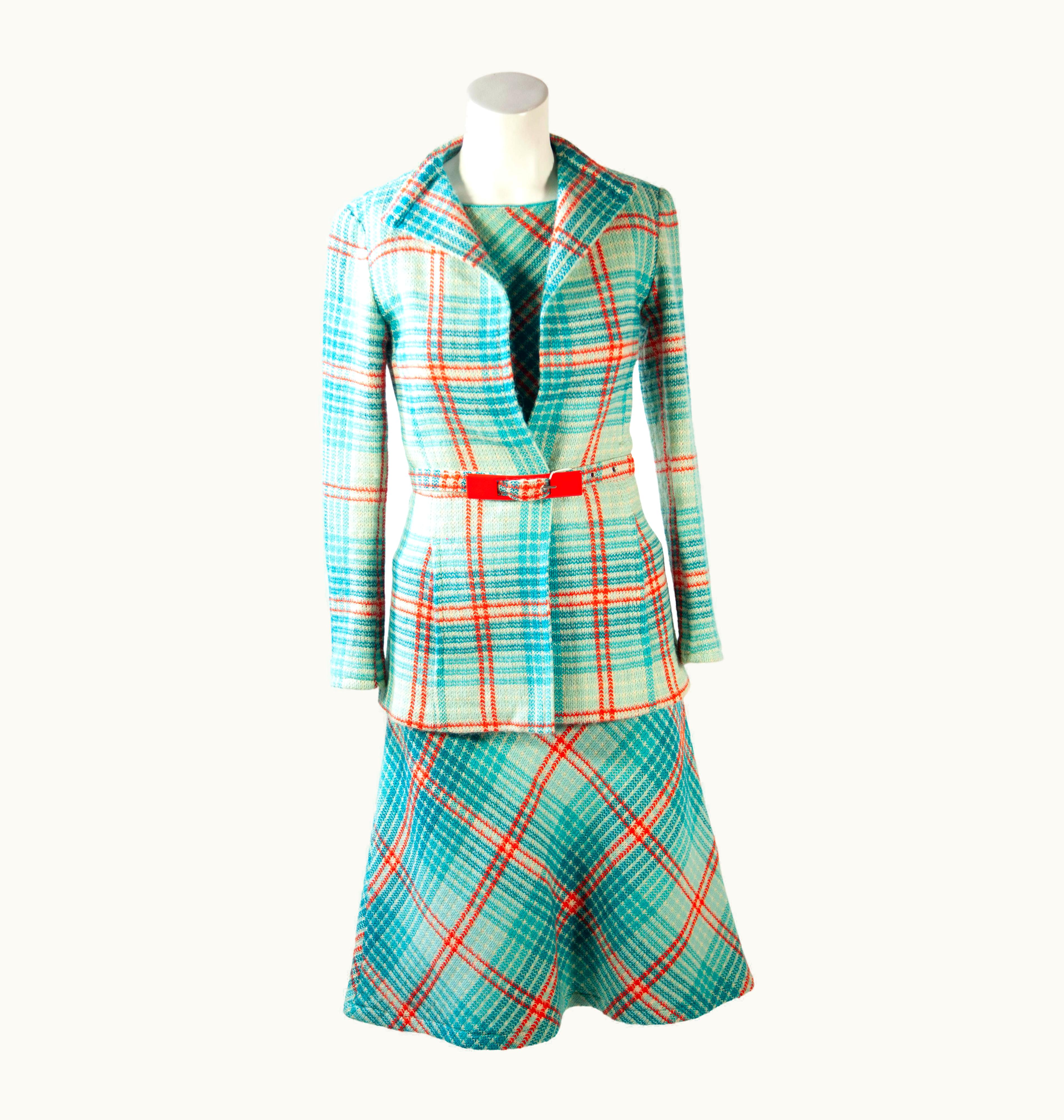 Missoni Missoni, Museum Documented, Wool, Aqua Blue Plaid, Ensemble 1972