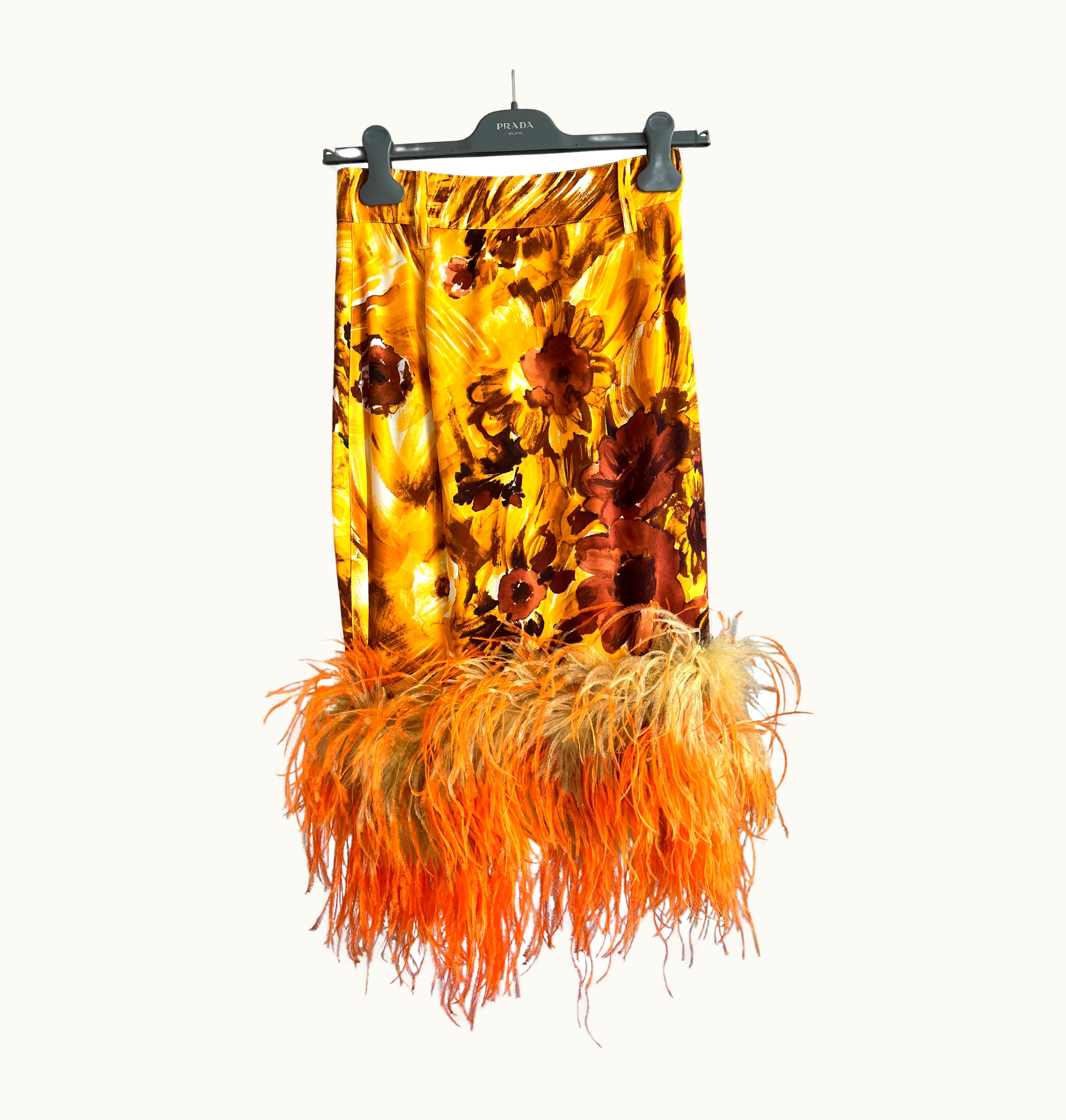 Prada 2017 Prada Runway Silk Penceil Floral Skirt With Ostrich Feather