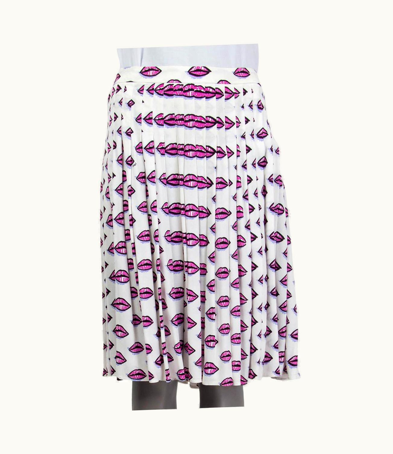Prada Prada White & Pink Viscose 2017 Lip Print Pleated Skirt