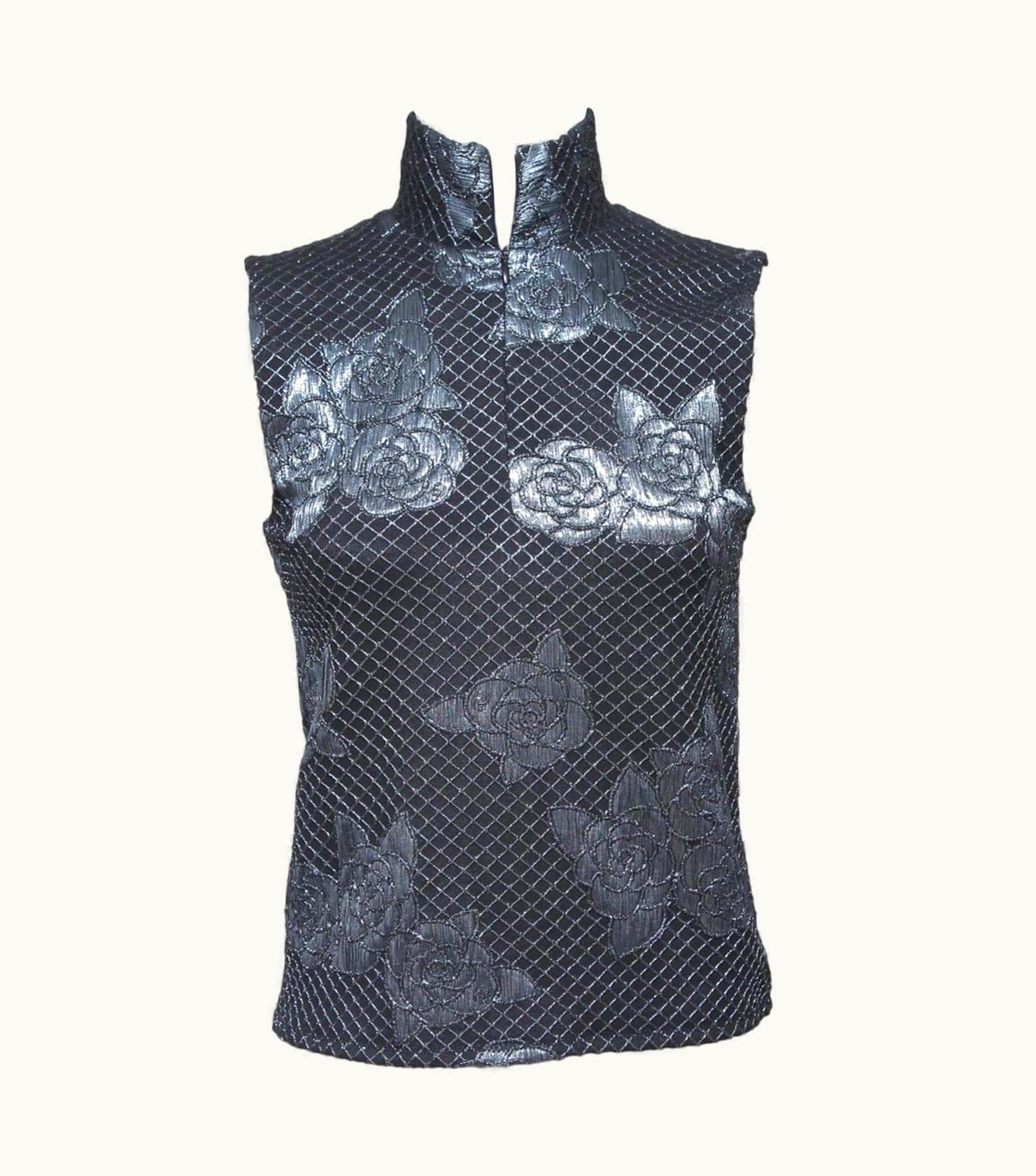 Chanel Chanel Sleeveless Top Blouse Metallic Navy Blue Floral Zipper