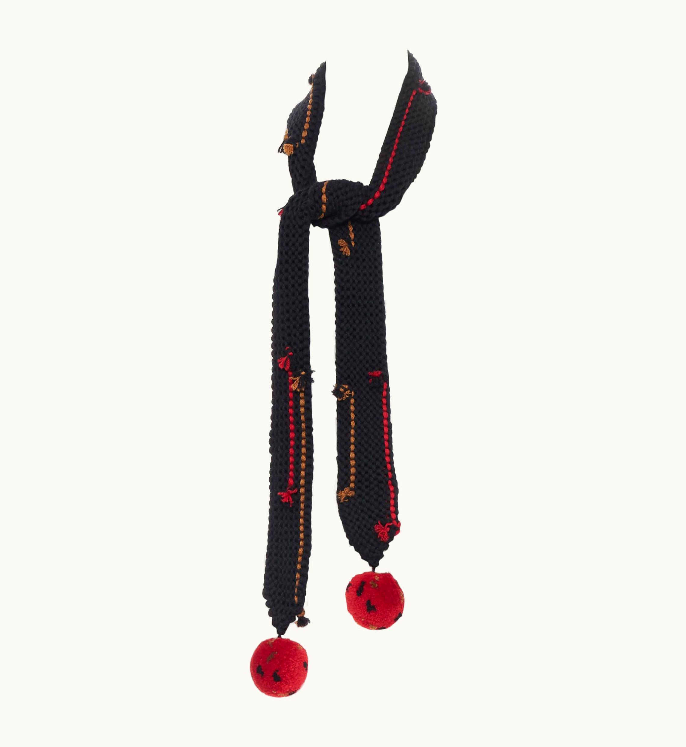 Prada Prada 2017 Runway Hand Made Black Crochet Knit Pom Trim Skinny Long Scarf