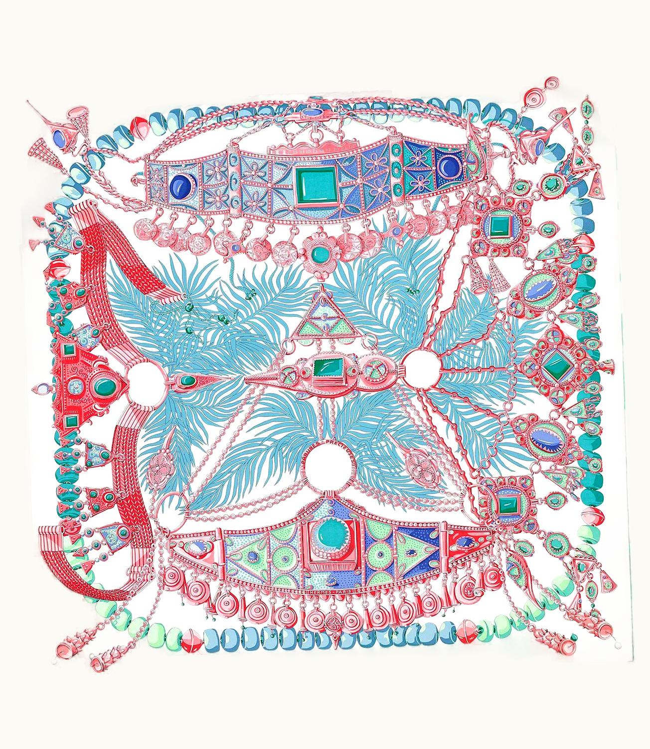 Hermes White Parures Precieuses 140 Scarf Silk Creme Turquoise Rosé