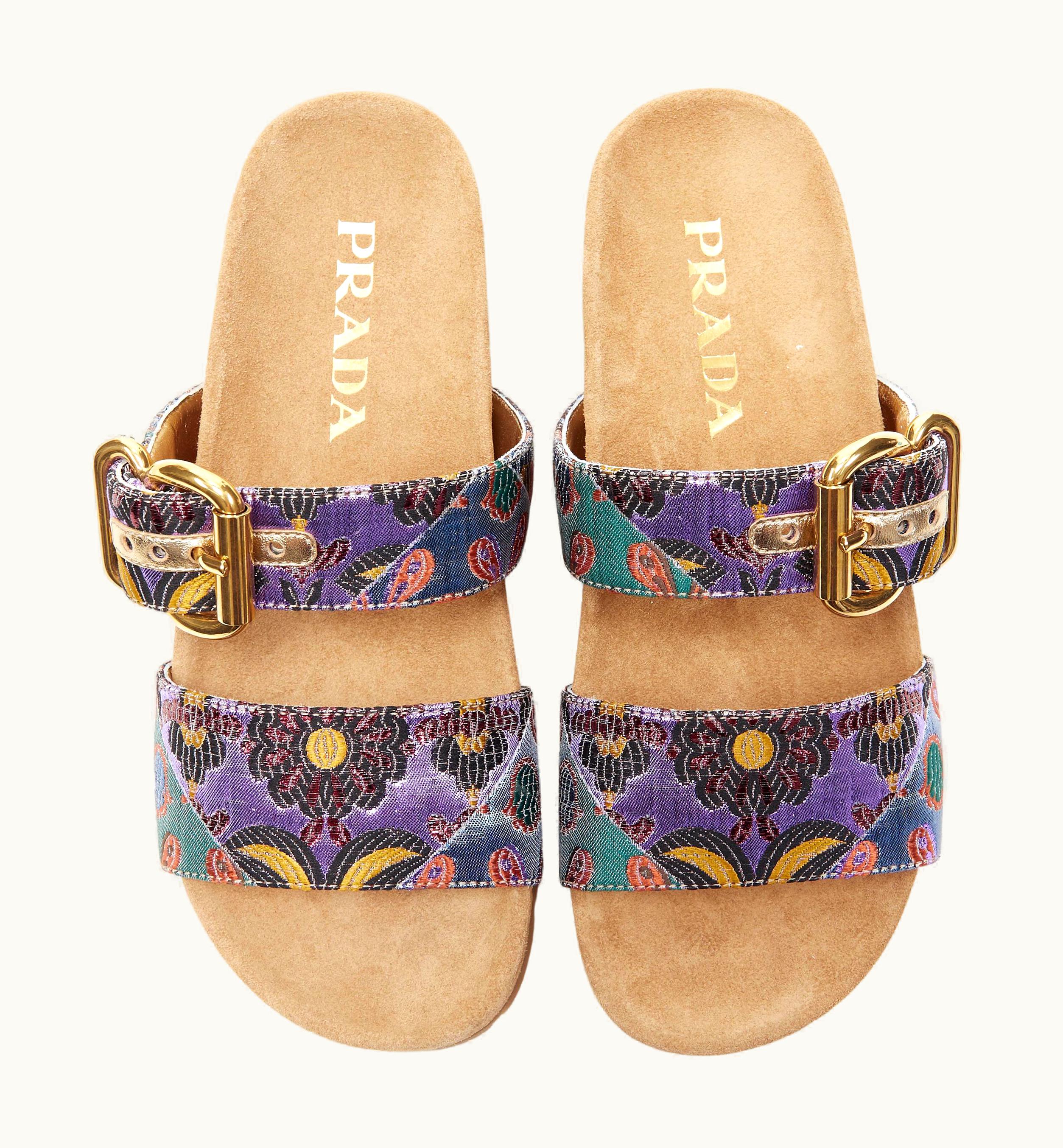 Prada Prada Patchwork Floral Jacquard Gold Buckle Strap Suede Slides Sandal