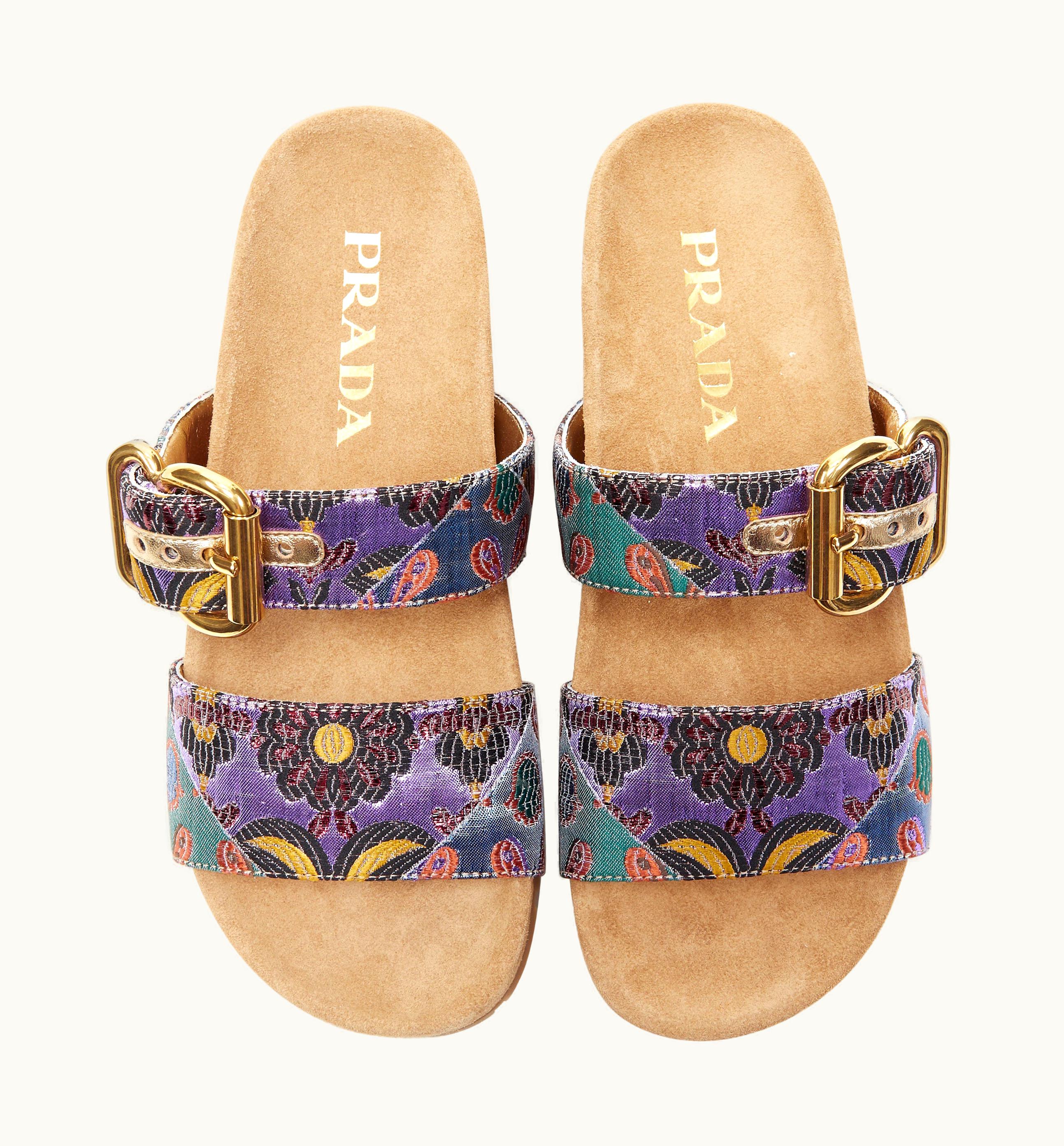 Prada Prada Metallic Floral Jacquard Gold Buckle Strap Suede Slides Sandals