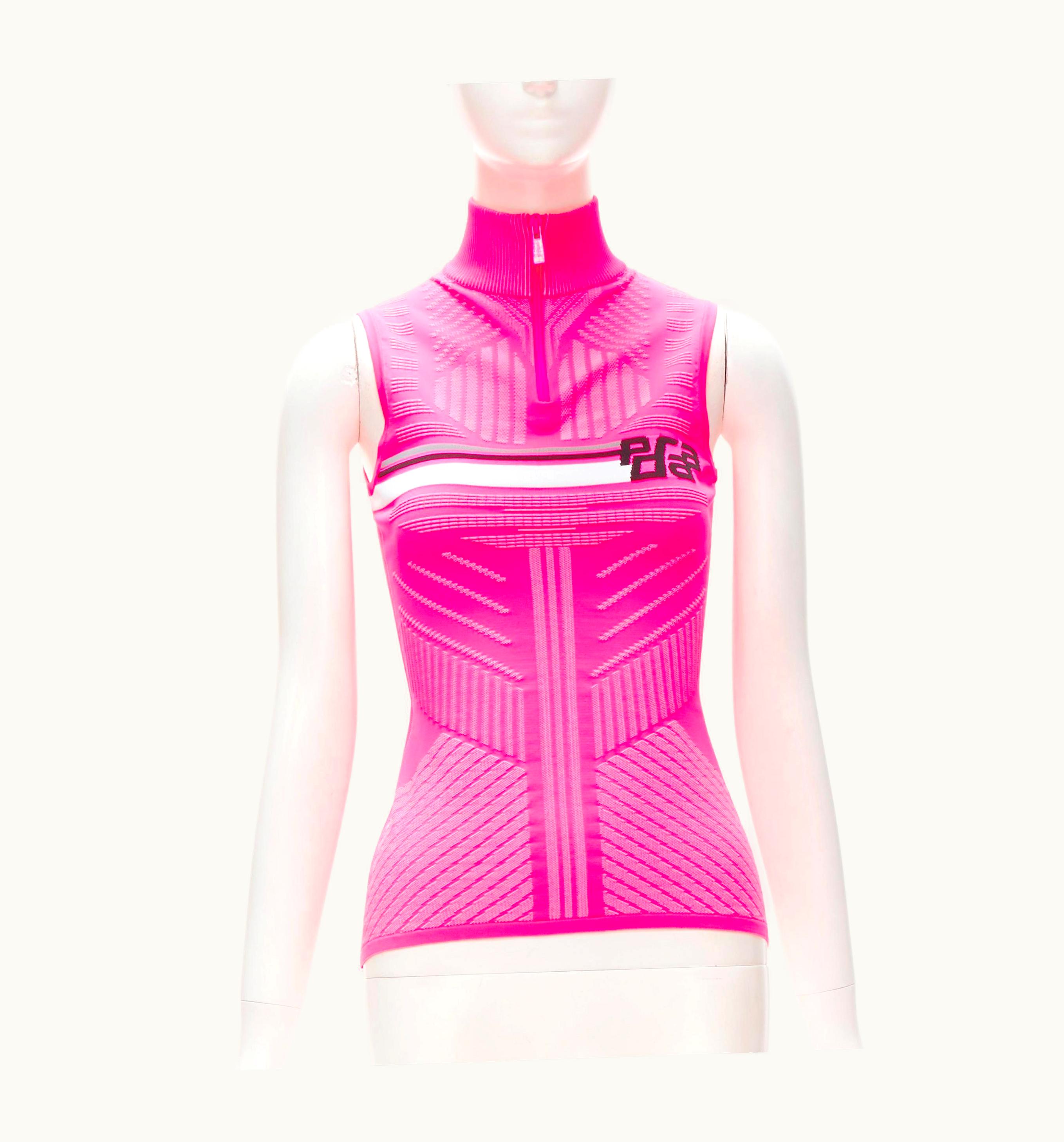 Prada Prada 2018 Pink Graphic Racing Sports Logo Bodycon Zip Up Top