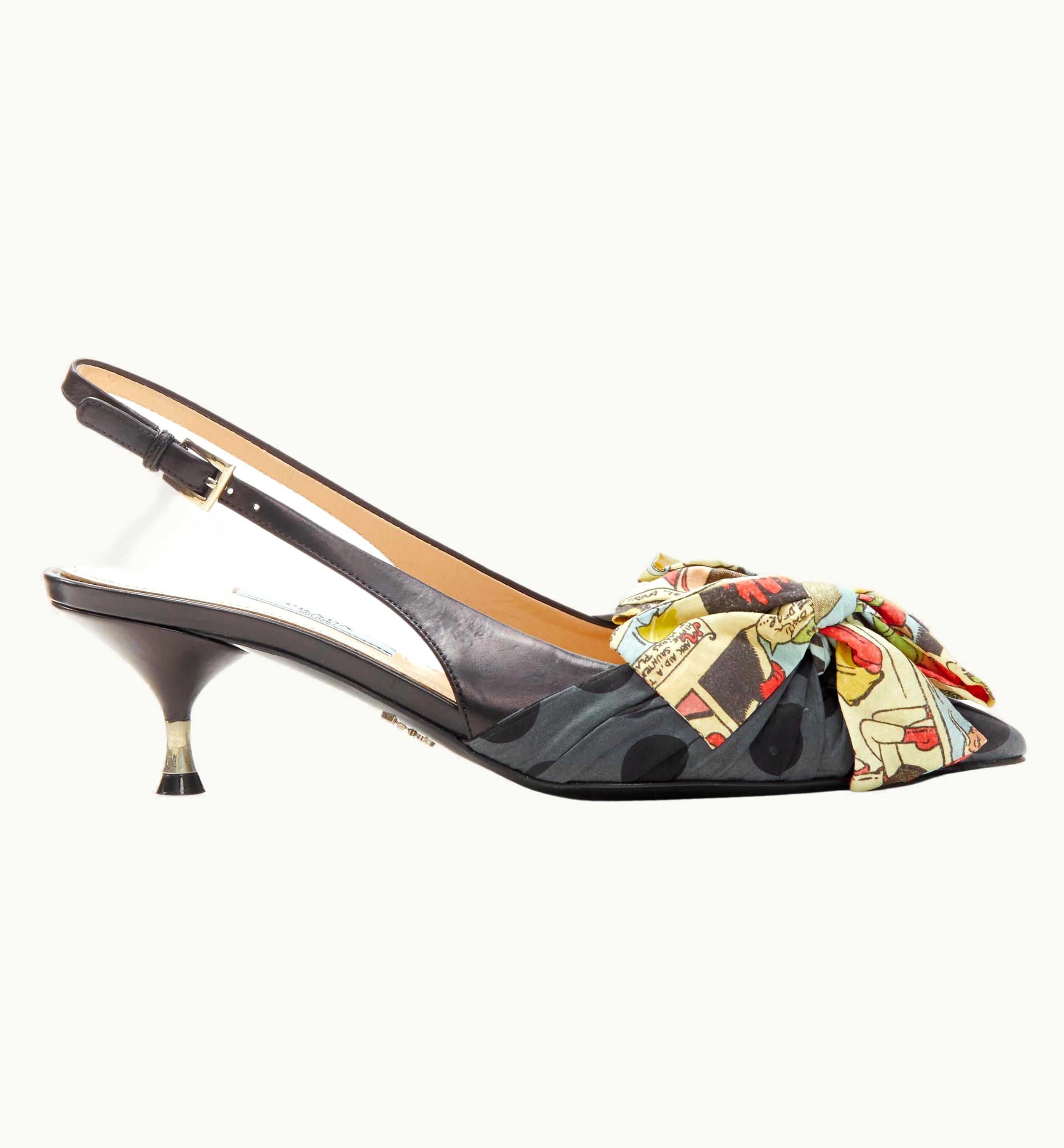 Prada Prada 2018 Comic Print Fabric Wrap Bow Slingback Kitten Heel Pump