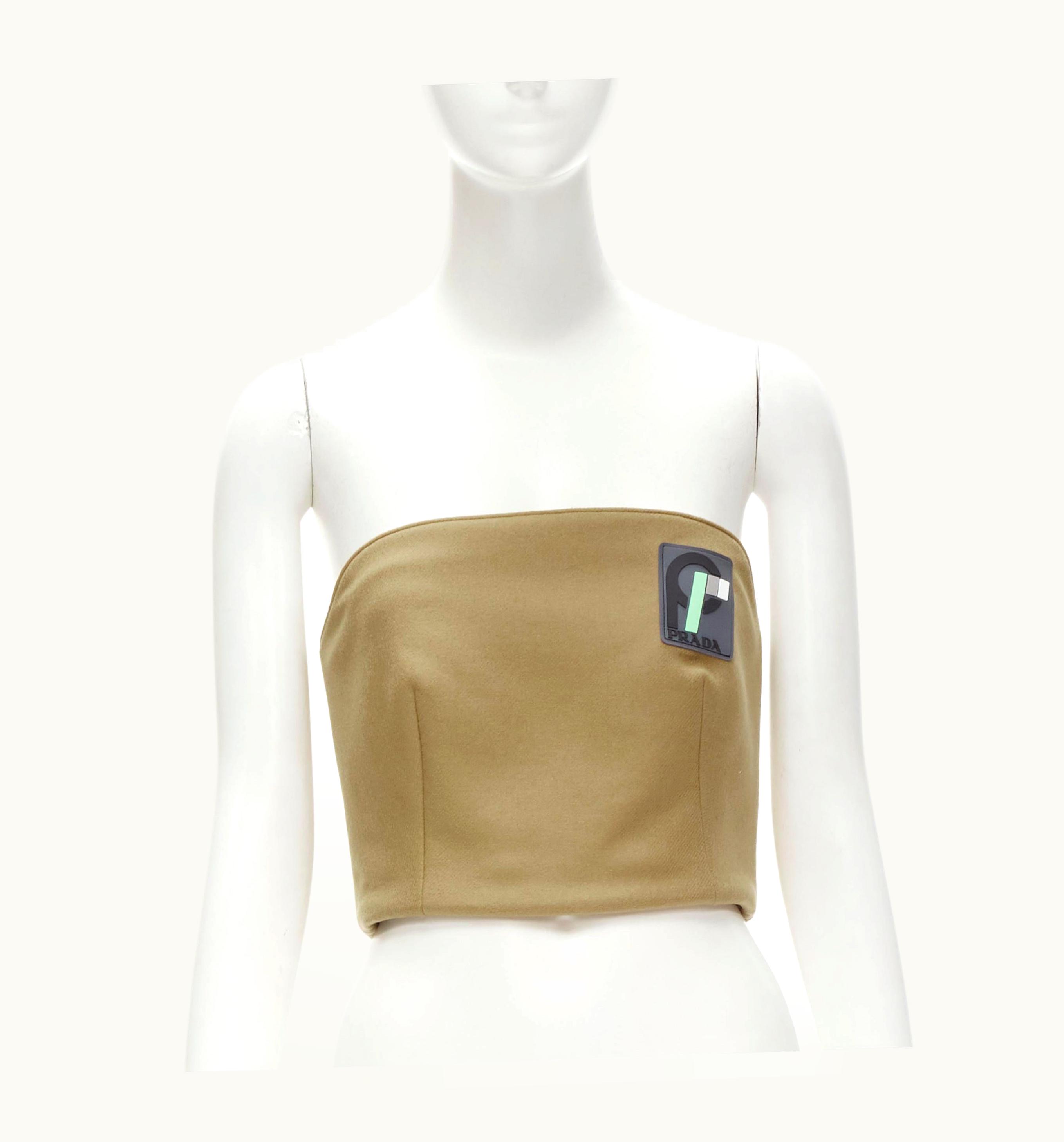 Prada Prada 2018 Runway Brown Sports Logo Rubber Badge Wool Strapless Bustier