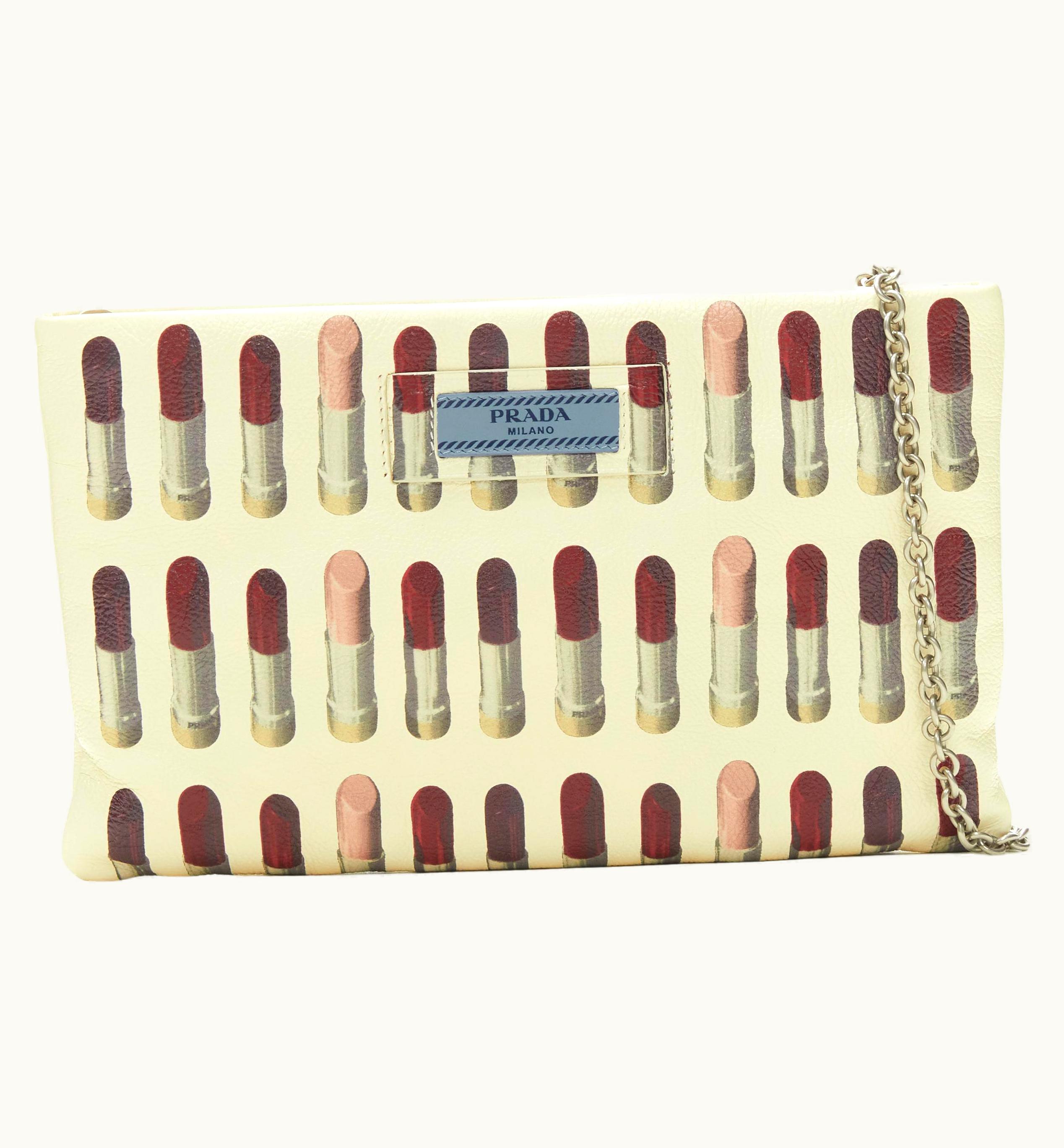 Prada Prada 2018 Lipstick Print Cream Glace Calf Leather Crossbody Chain Pouch Bag