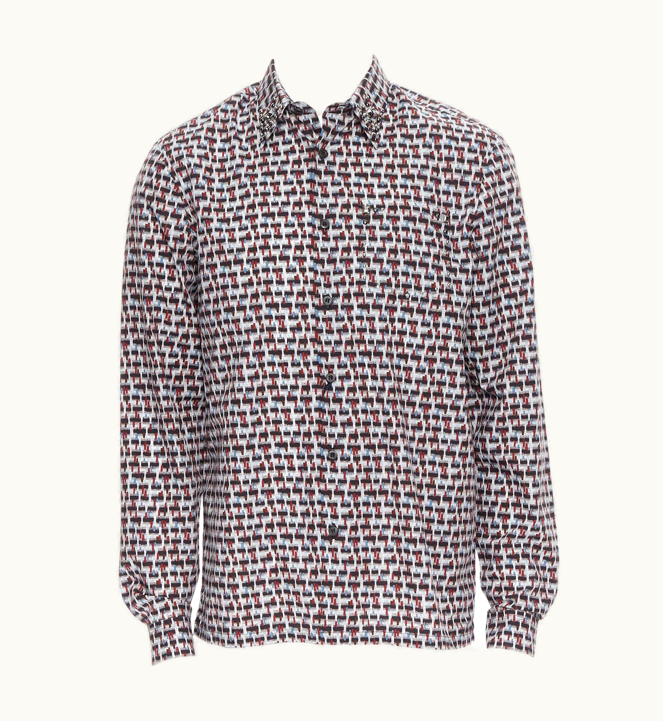 Prada Prada 2018 Losanga Abstract Geometric Print Studded Collar Shirt