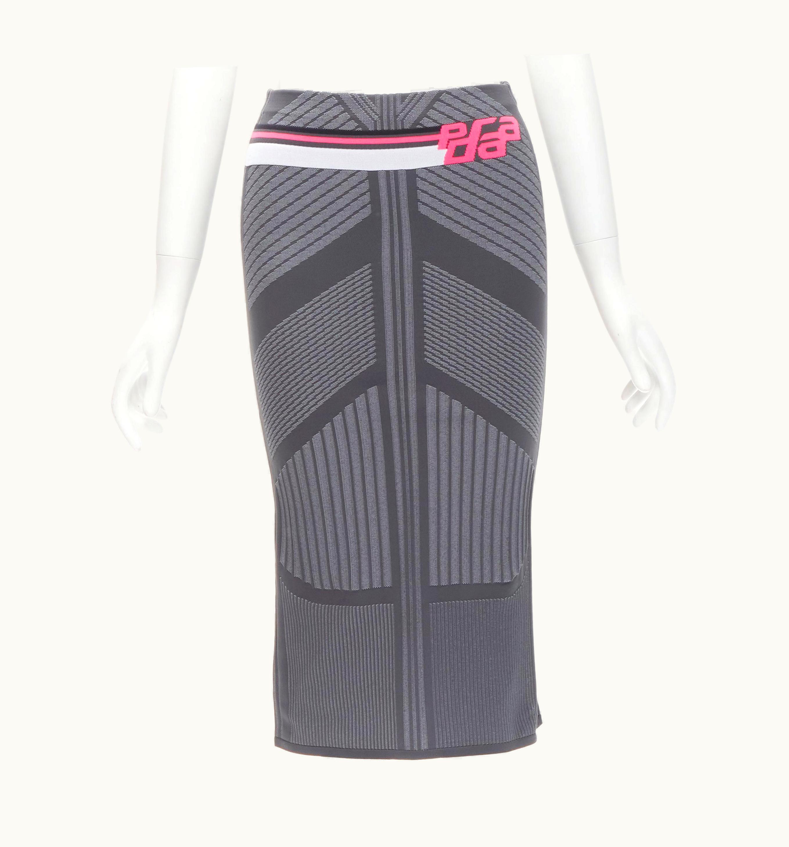 Prada Prada 2018 Pink Racing Logo Grey Graphic Intarsia Knit Knee Length Skirt