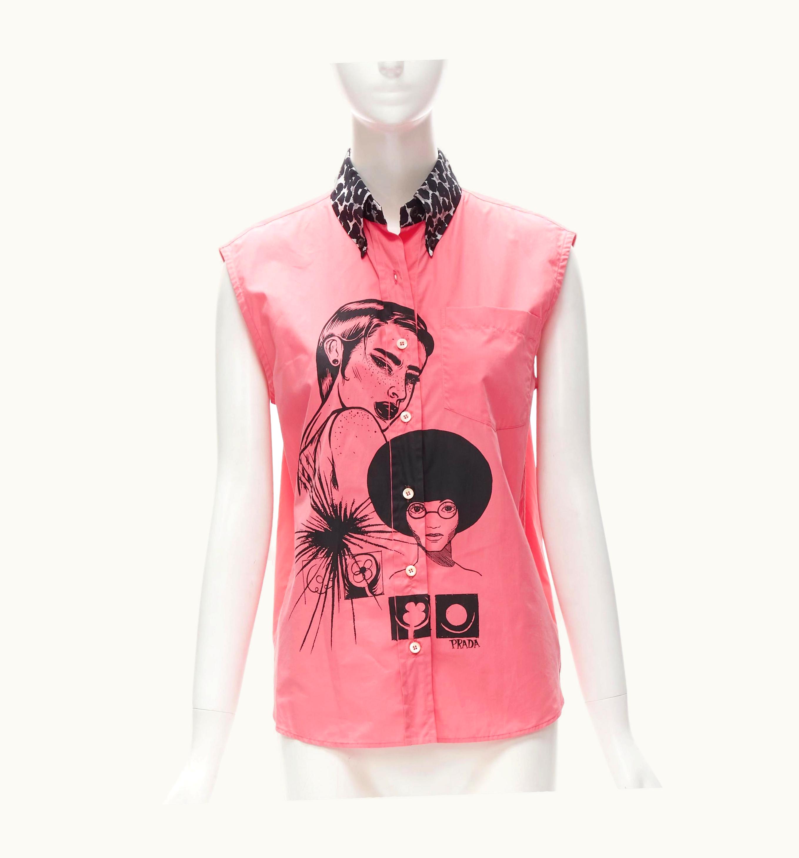 Prada Prada 2018 Girls Invented Comic Print Pink Cotton Spotted Collar Sleeve Shirt