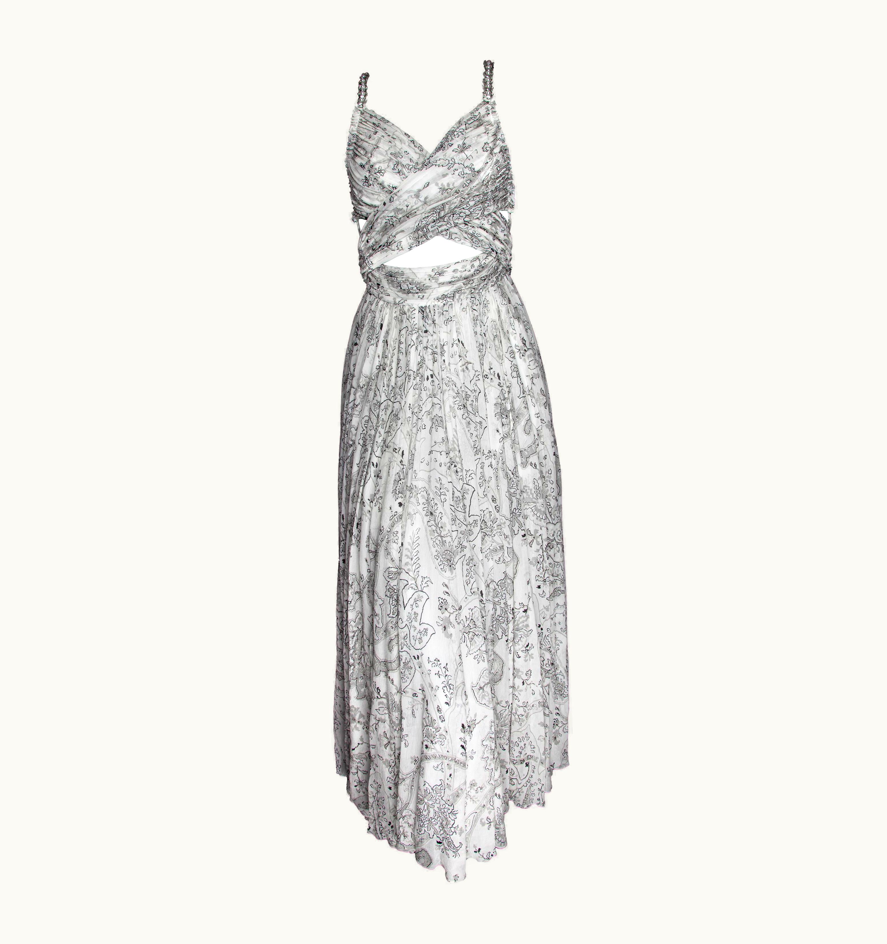 Etro Spring 2018 Runway Silver/White Paisley Jewelled Strap Long Dress