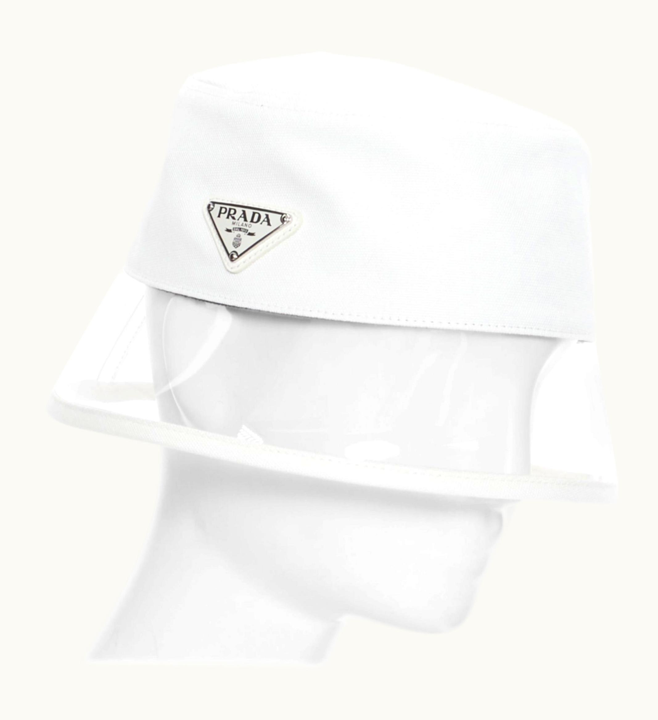 Prada Prada 2018 Cream Cotton Triangle Logo Clear Pvc Brim 90' Bucket Hat
