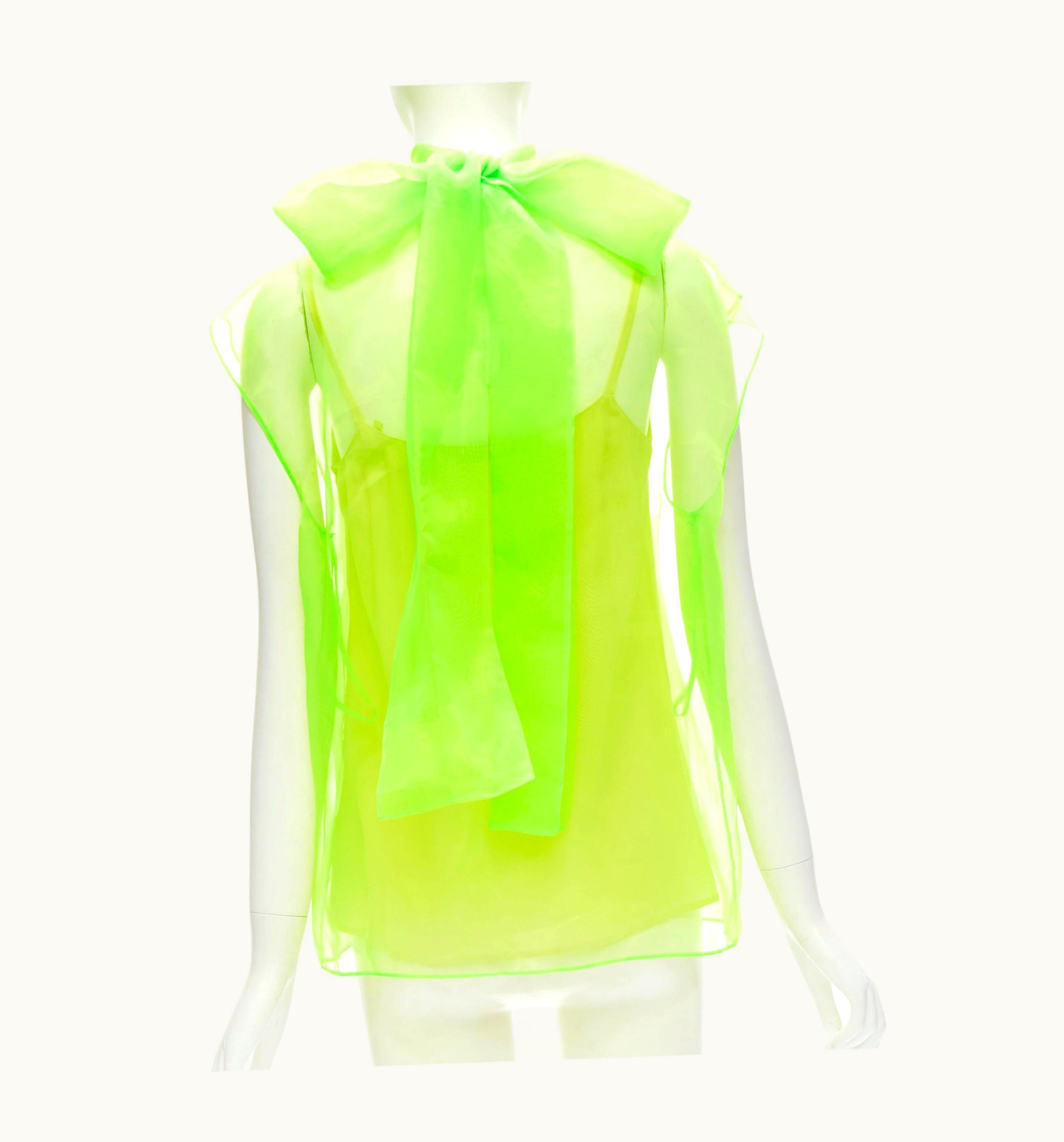 Prada Prada 2018 Runway Neon Fluorescent Green Bow Tie Neck Sheer Blouse Top Lined