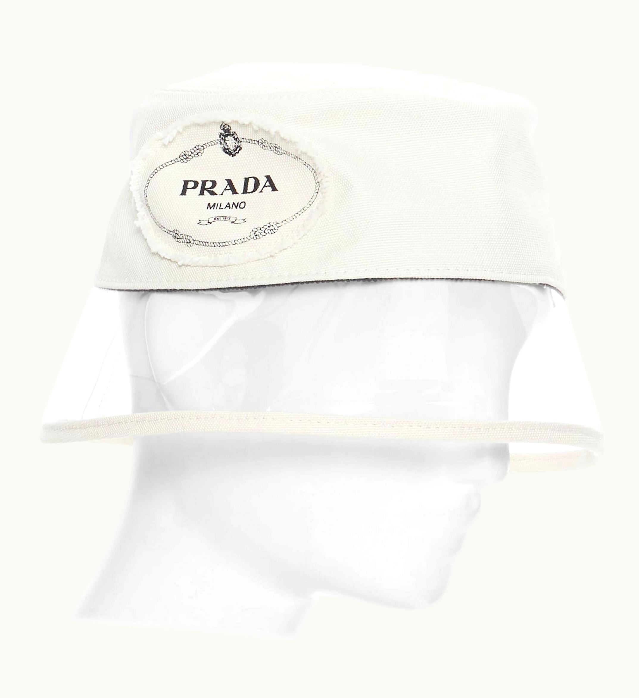 Prada Prada 2018 Cream Cotton Frayed Logo Clear Pvc Brim Shield 90' Bucket Hat