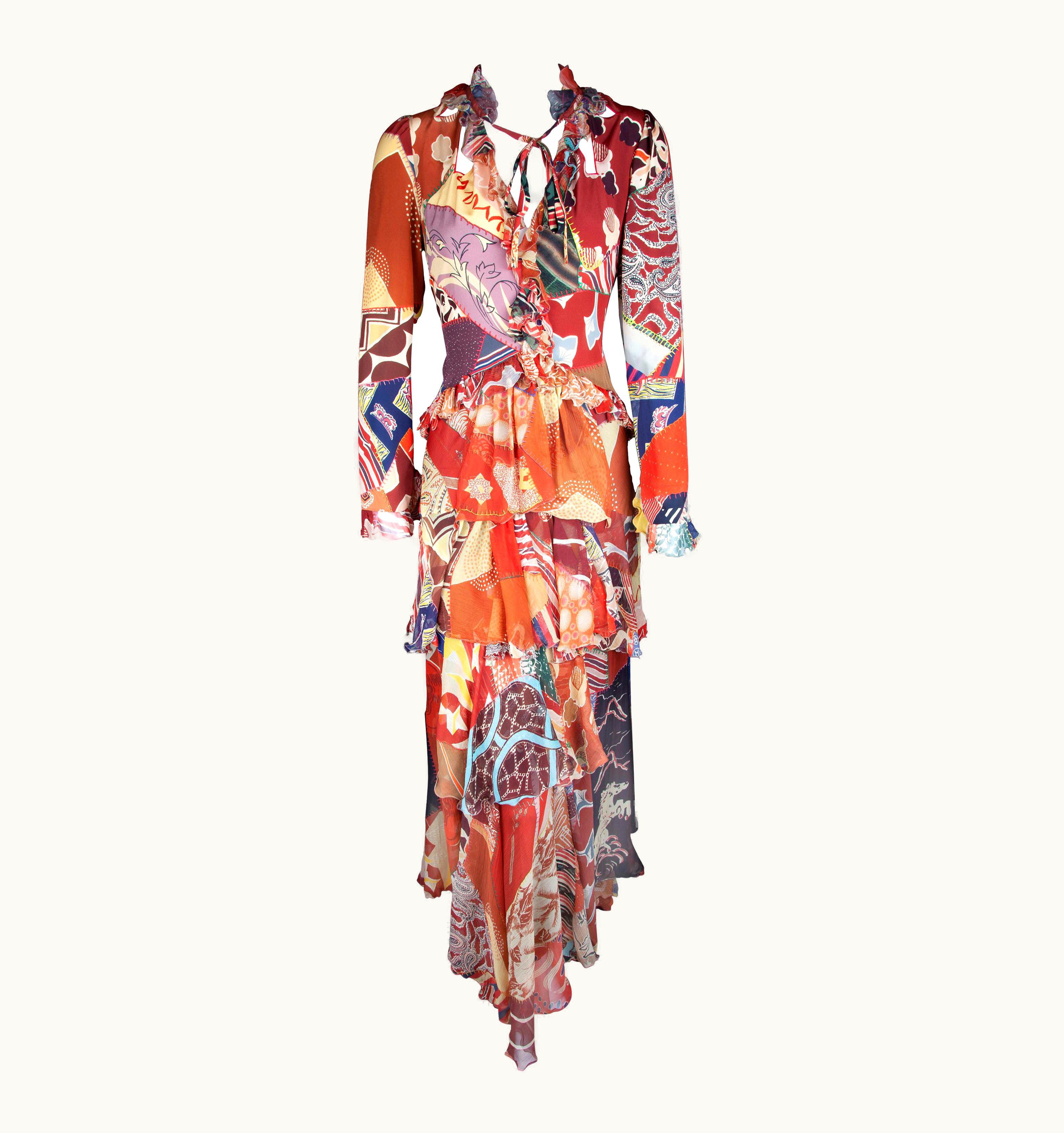 Etro Runway Long Sleeve Multicolor Print Silk Tiered Ruffle Dress
