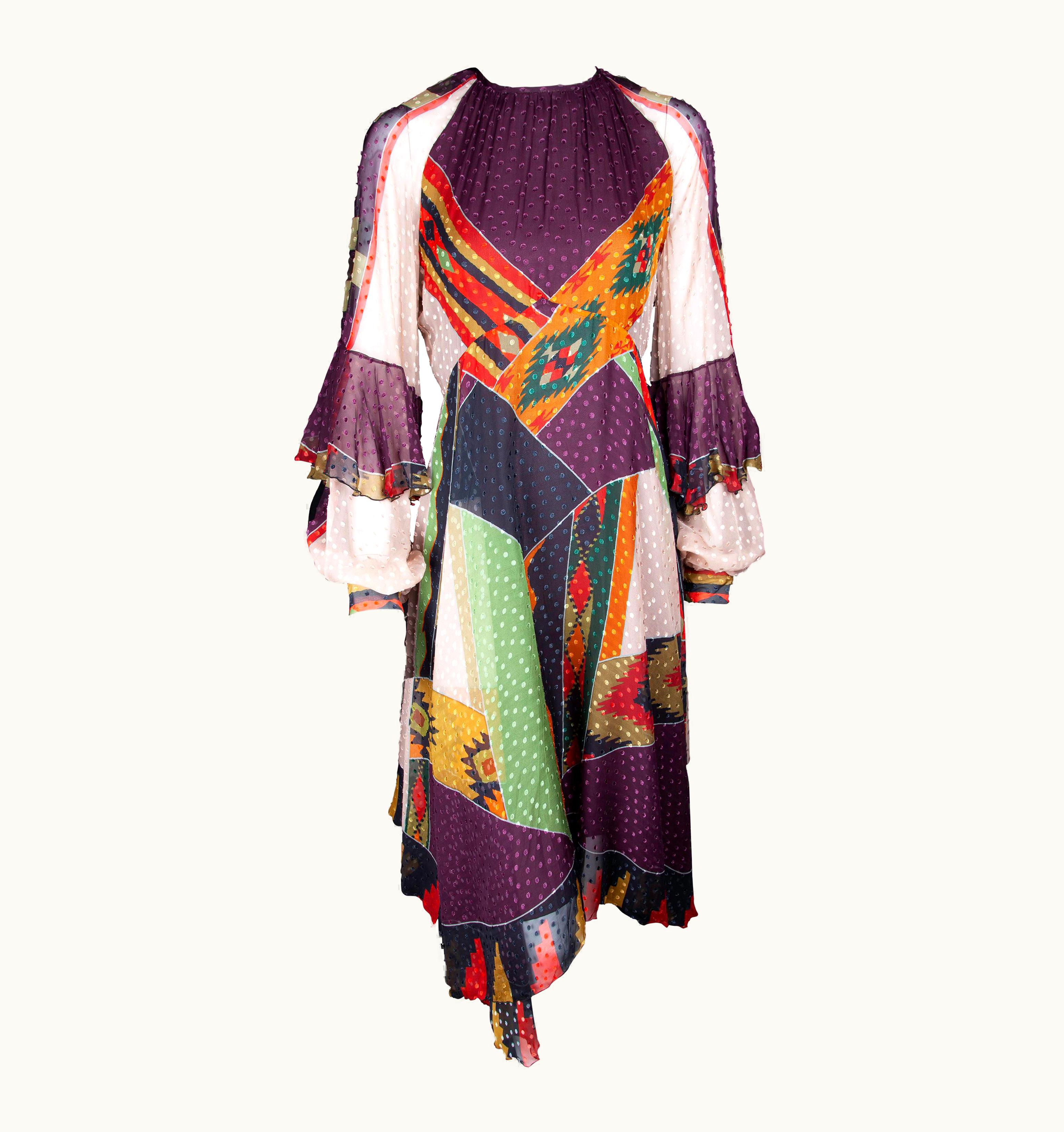 Etro Runway Long Sleeve Multicolor Print Silk Midi Dress