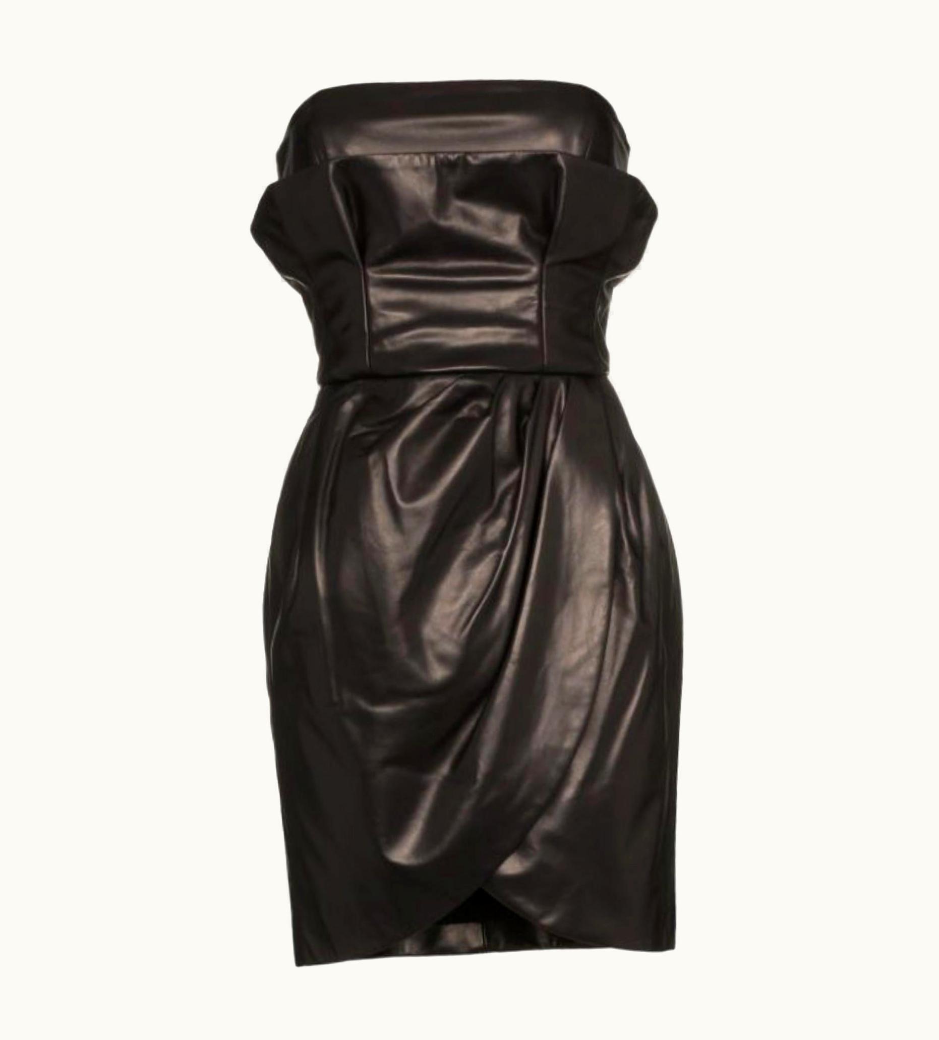 Versace Versace Runway Strapless Draped Black Leather Dress UZ0614039