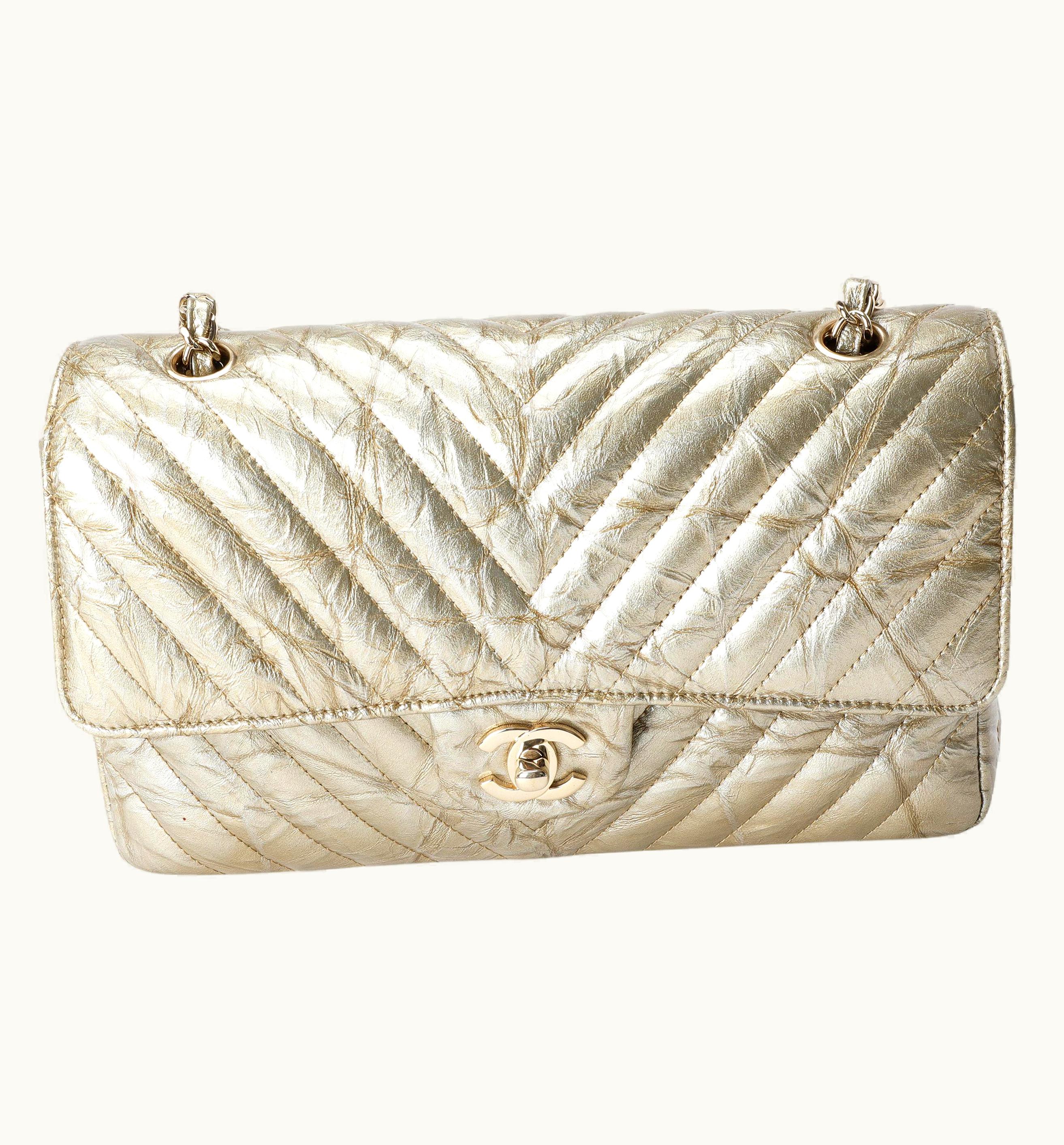 Chanel Chanel Gold Chevron Quilted Patent Leather Medium Classic Double Flap Bag UZ0614050