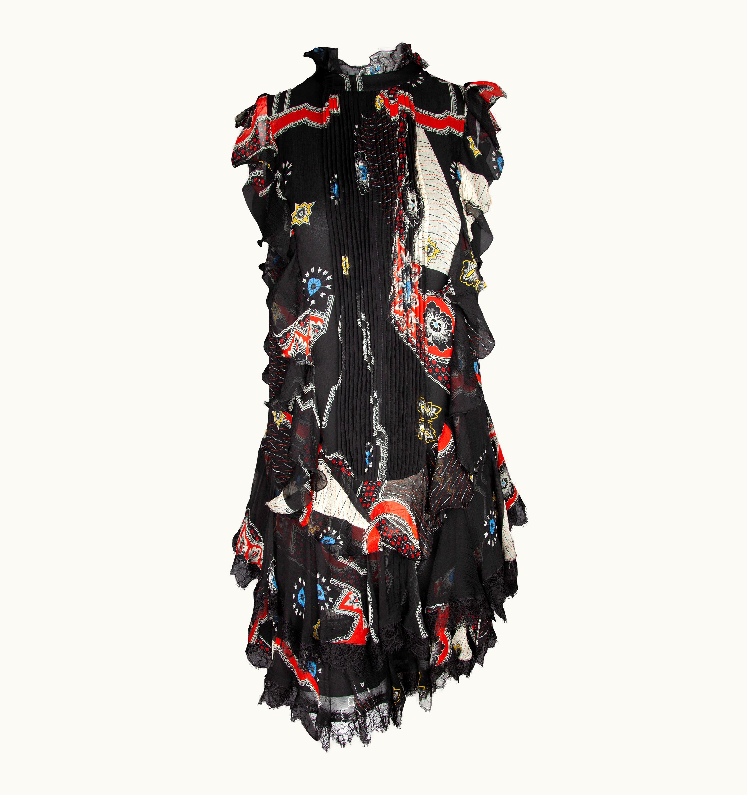 Etro Runway Short Sleeved Black Print Silk Tiered Ruffle Mini Dress