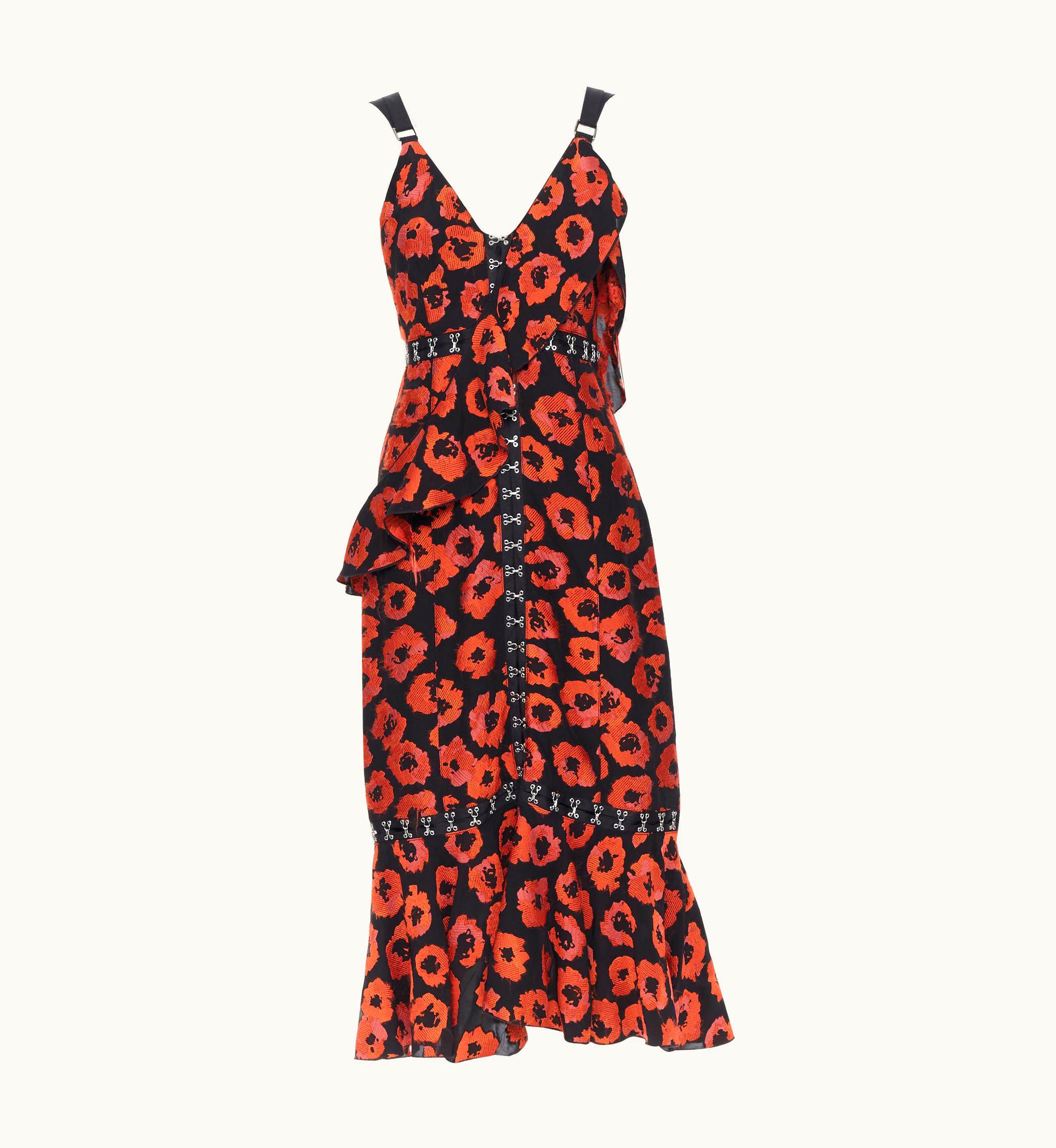 Proenza Schouler Proenza Schouler S/S Black Red Floral Jacquard Hook Eye Ruffle Dress