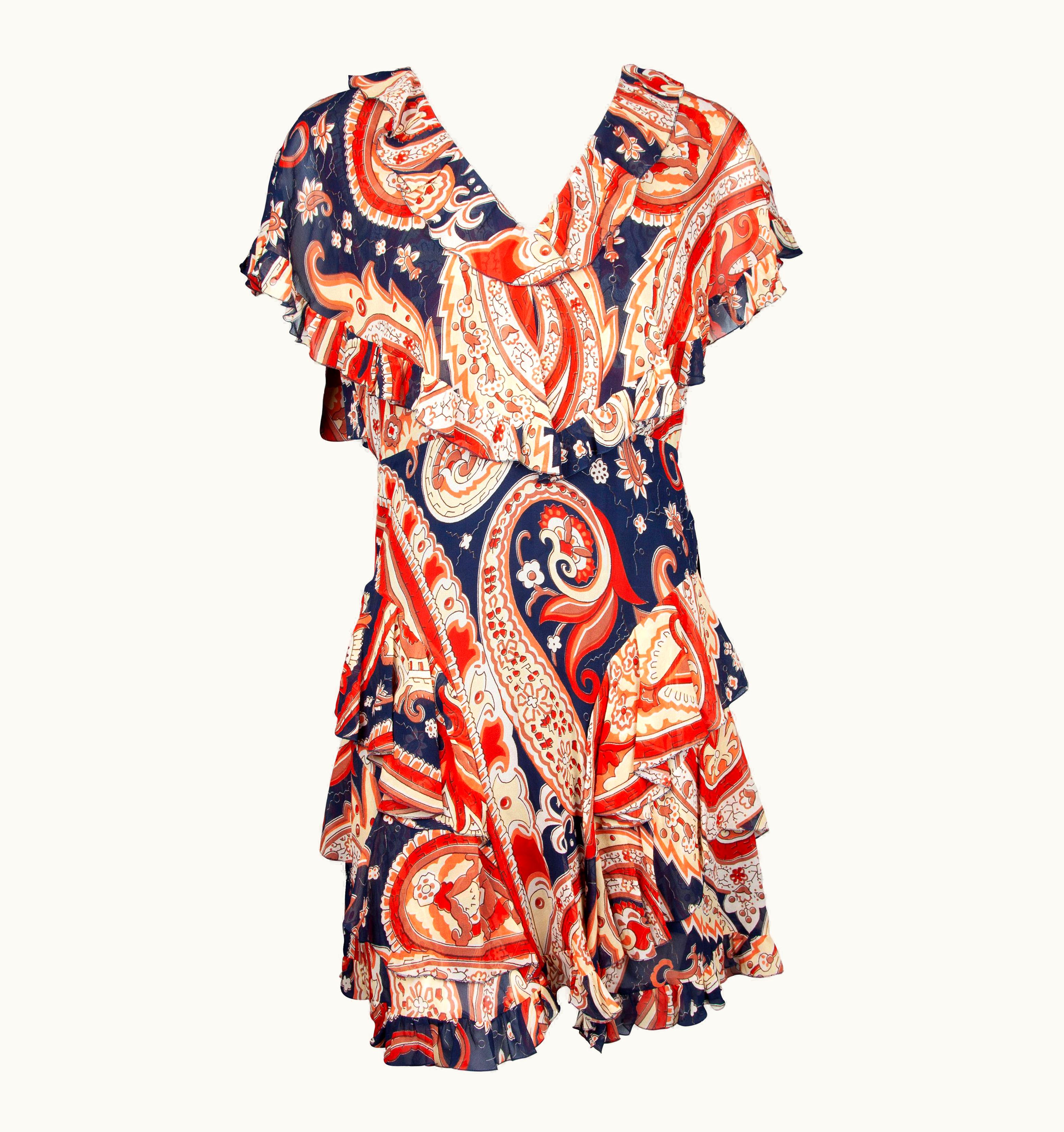 Etro Runway Red & Blue Paisley V-Neck Tiered Ruffle Silk Dress UZ0614071
