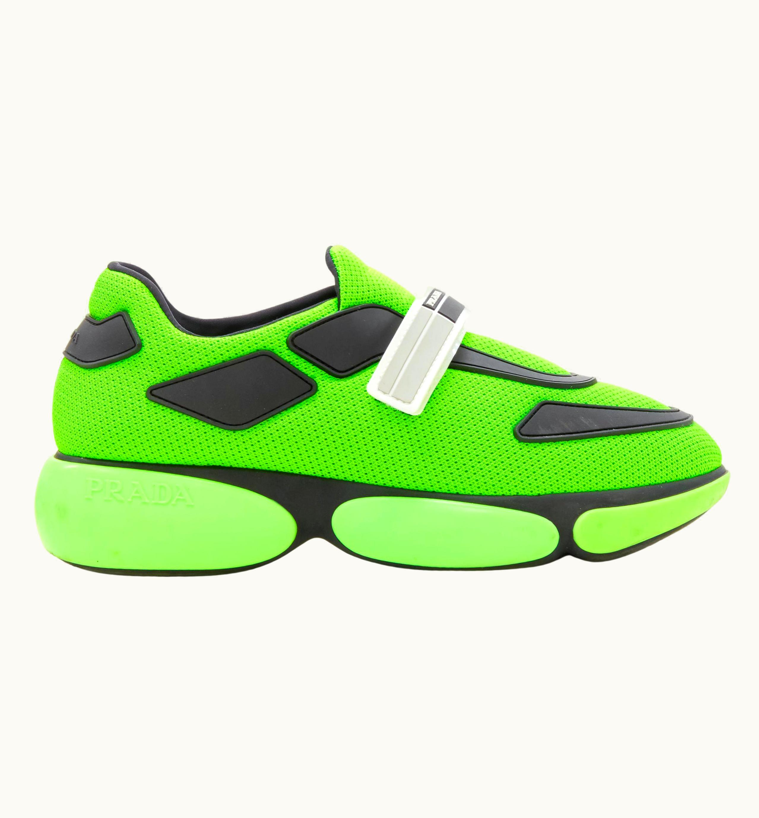 Prada Prada Cloudbust Neon Fluorescent Green Mesh Logo Strap Low Top Sneakers