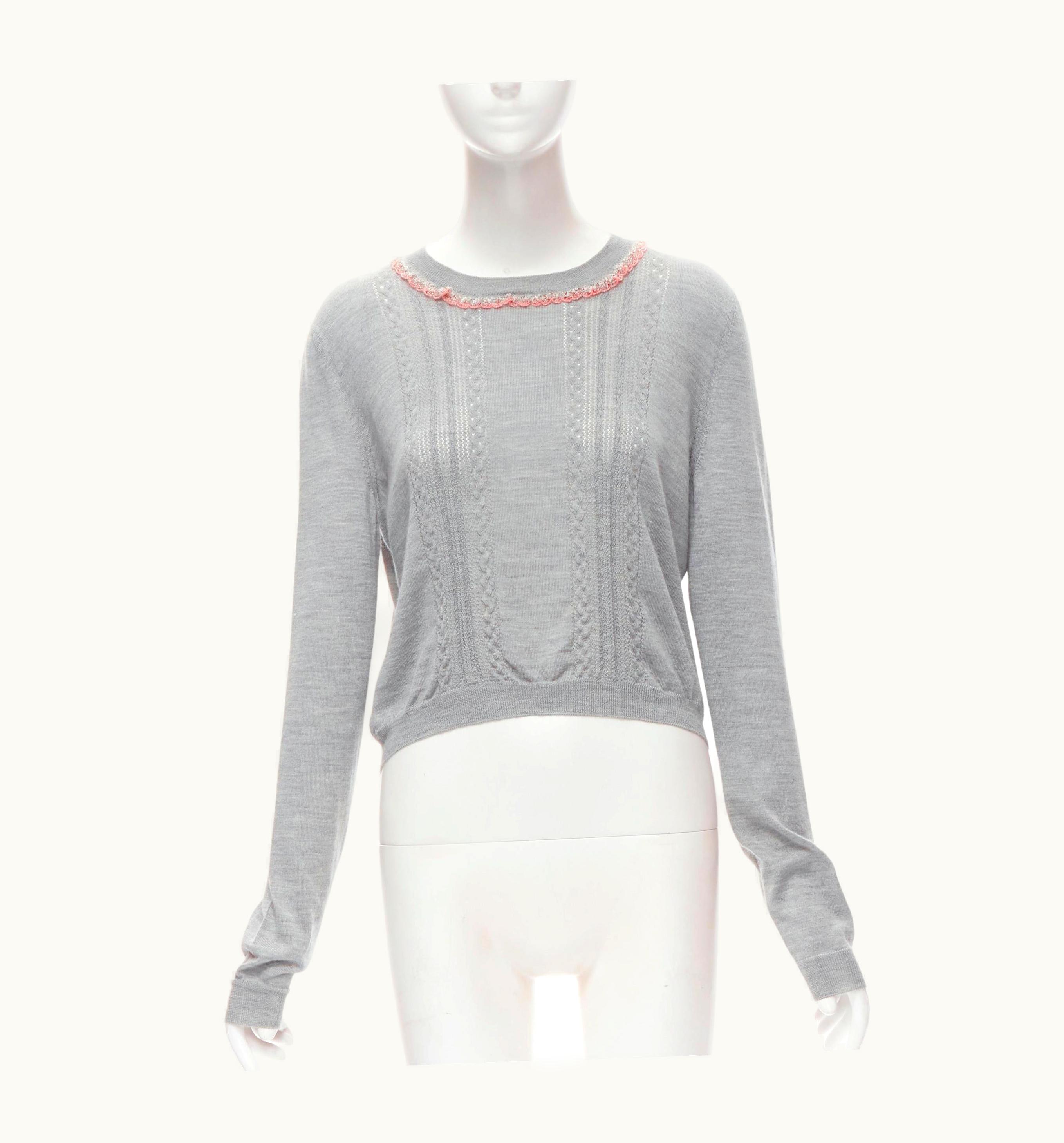 Miu Miu Miu Miu Grey Cashmere Silk Pink Floral Beaded Scalloped Trim Pullover Sweate