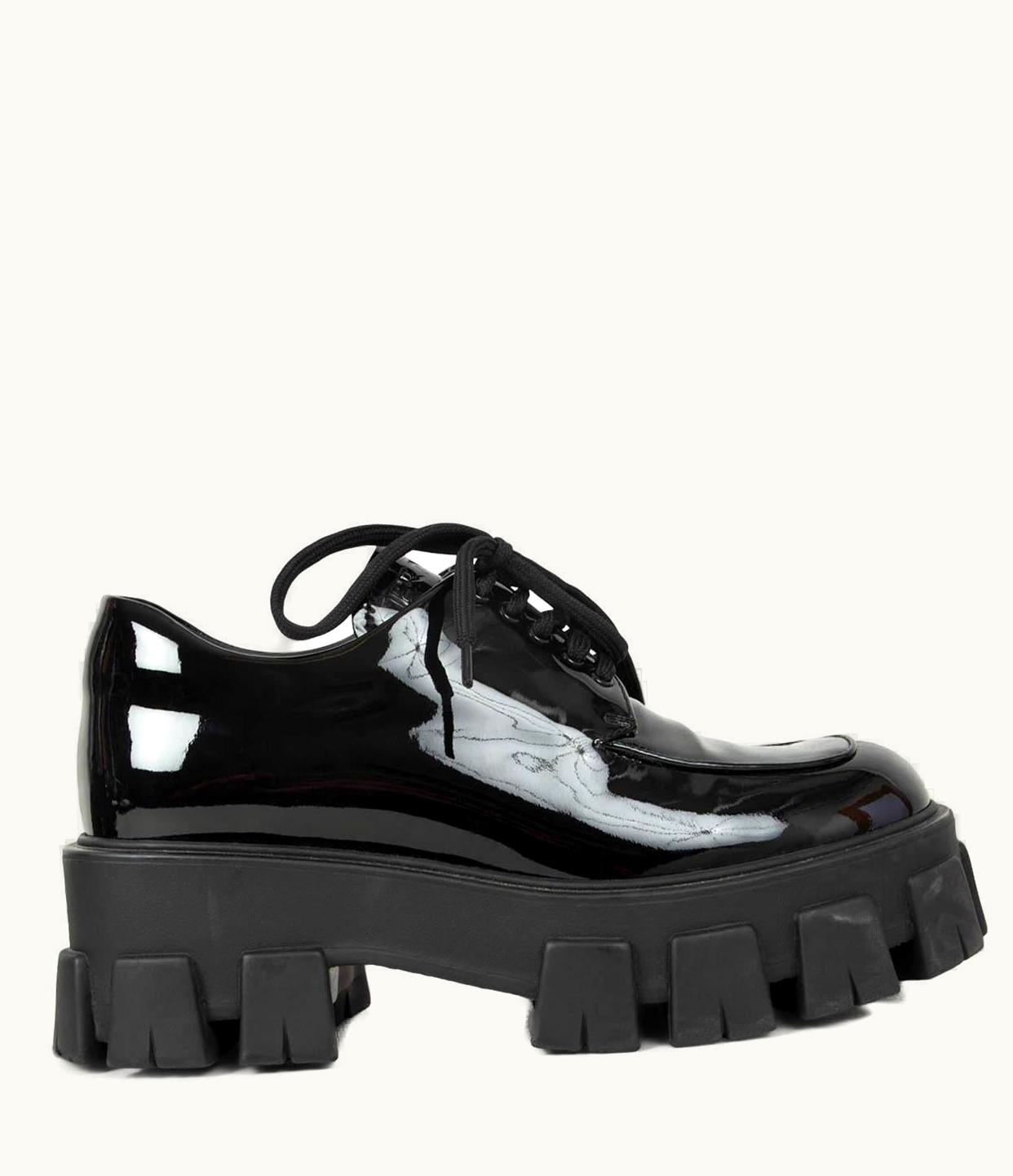 Prada Prada Black Patent Leather 2019 Monolith Chunky Derby Flats Shoes