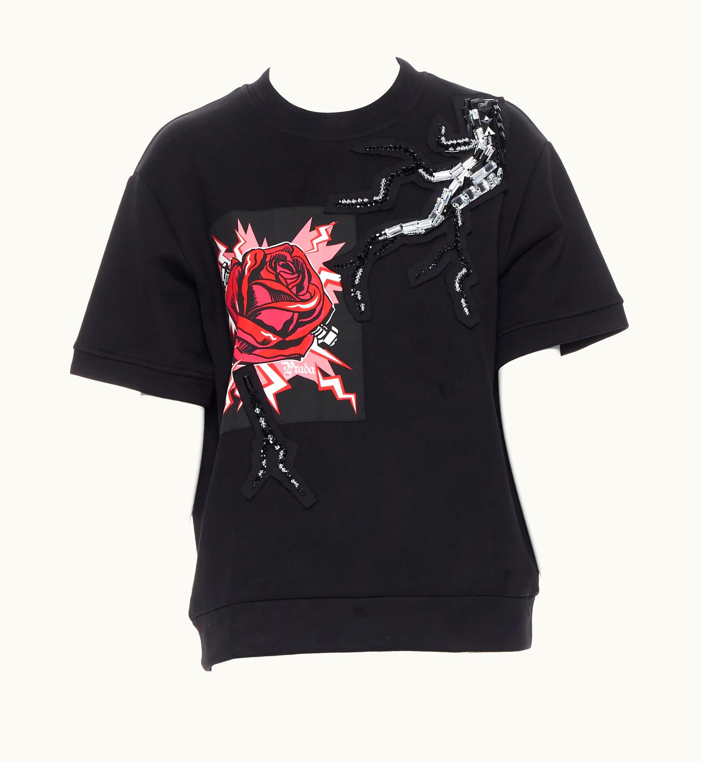 Prada Prada 2019 Frankenstein Pink Rose Patch Crystal Embellished Boxy Sweater