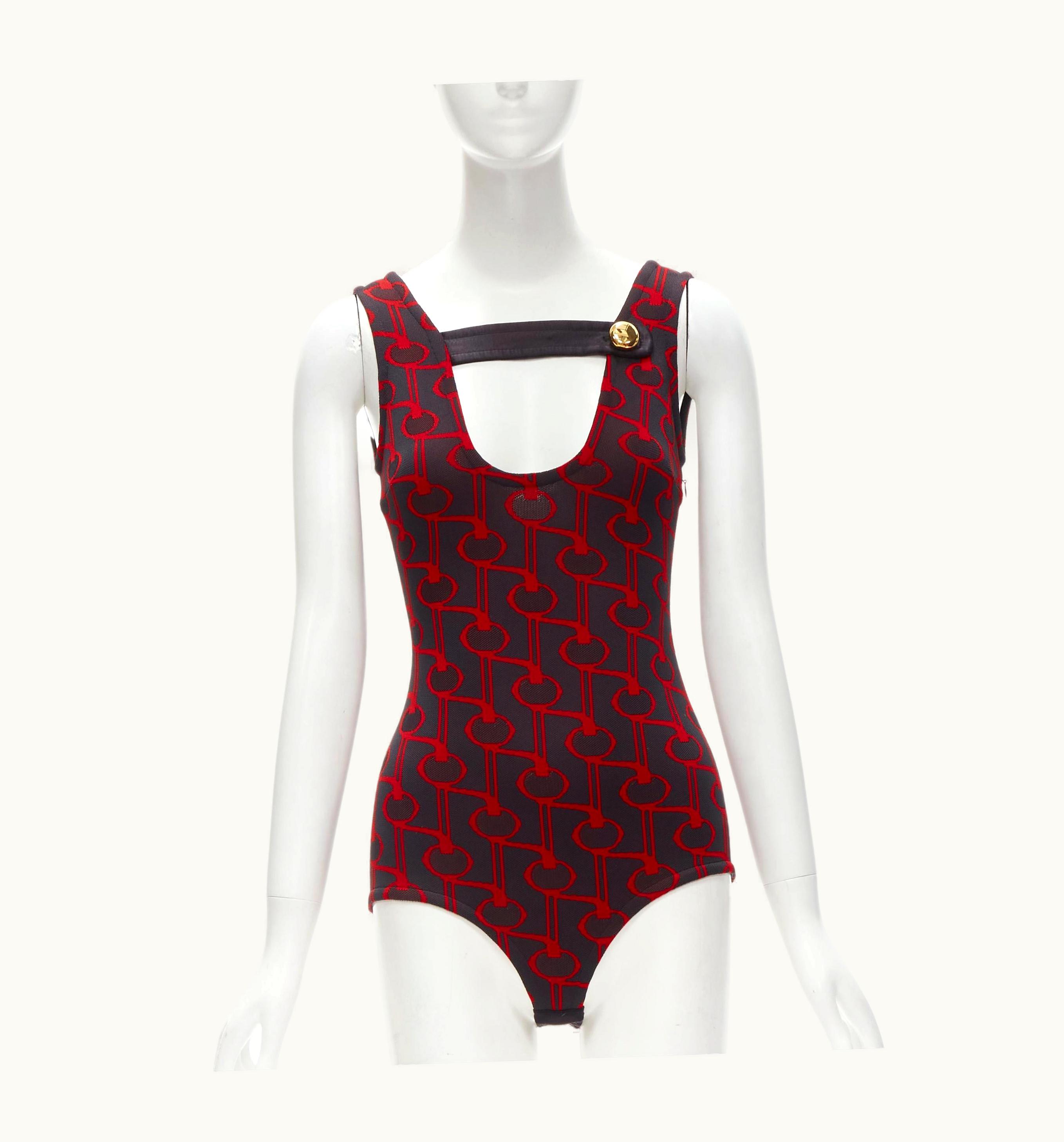Prada Prada 2019 Runway Black Red Geometric Knit Button Strap Bodysuit Top