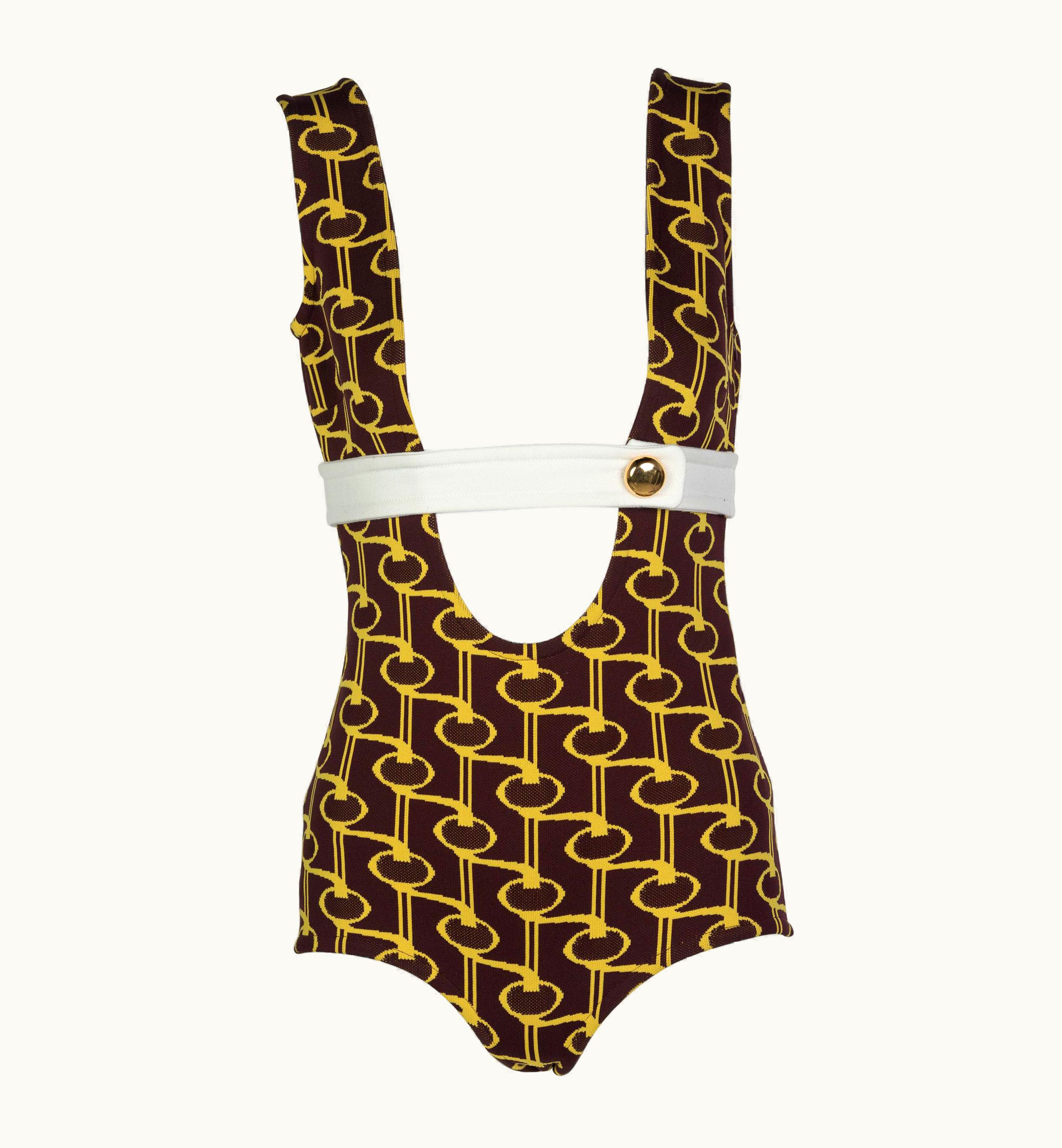 Prada Prada Yellow Brown Print Knit Button Detail Plunge Neck Bodysuit Runway 2019