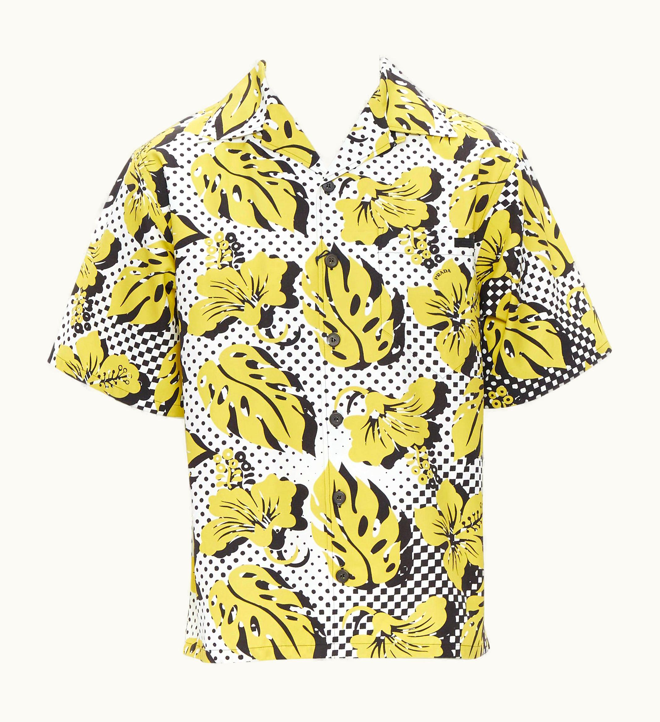 Prada Prada 2019 Yellow Hibiscus Leaf Boxy Cotton Hawaiian Bowling Shirt