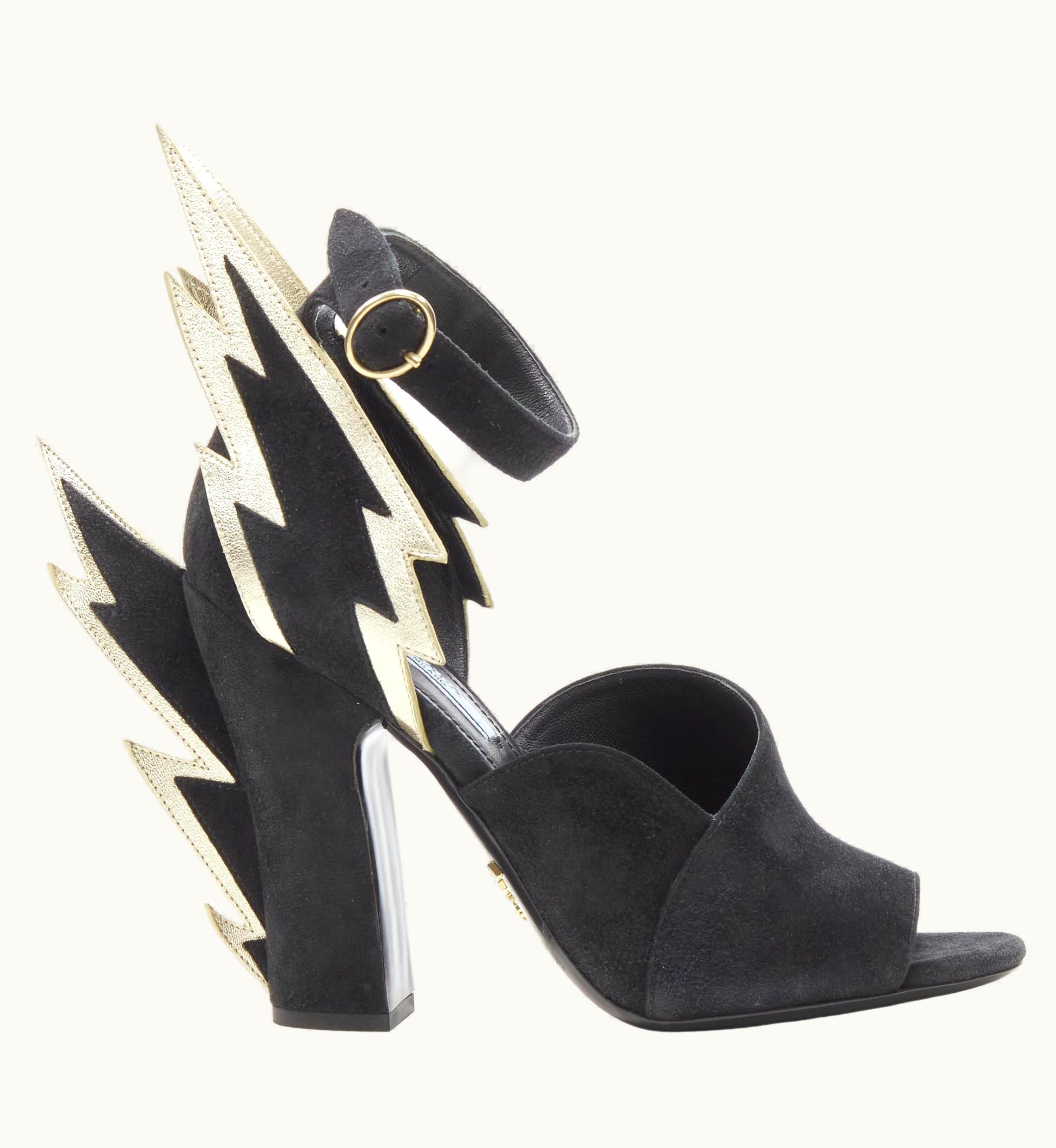 Prada Prada 2019 Runway Lightning Bolt Black Suede Metallic Gold Chunky Heel